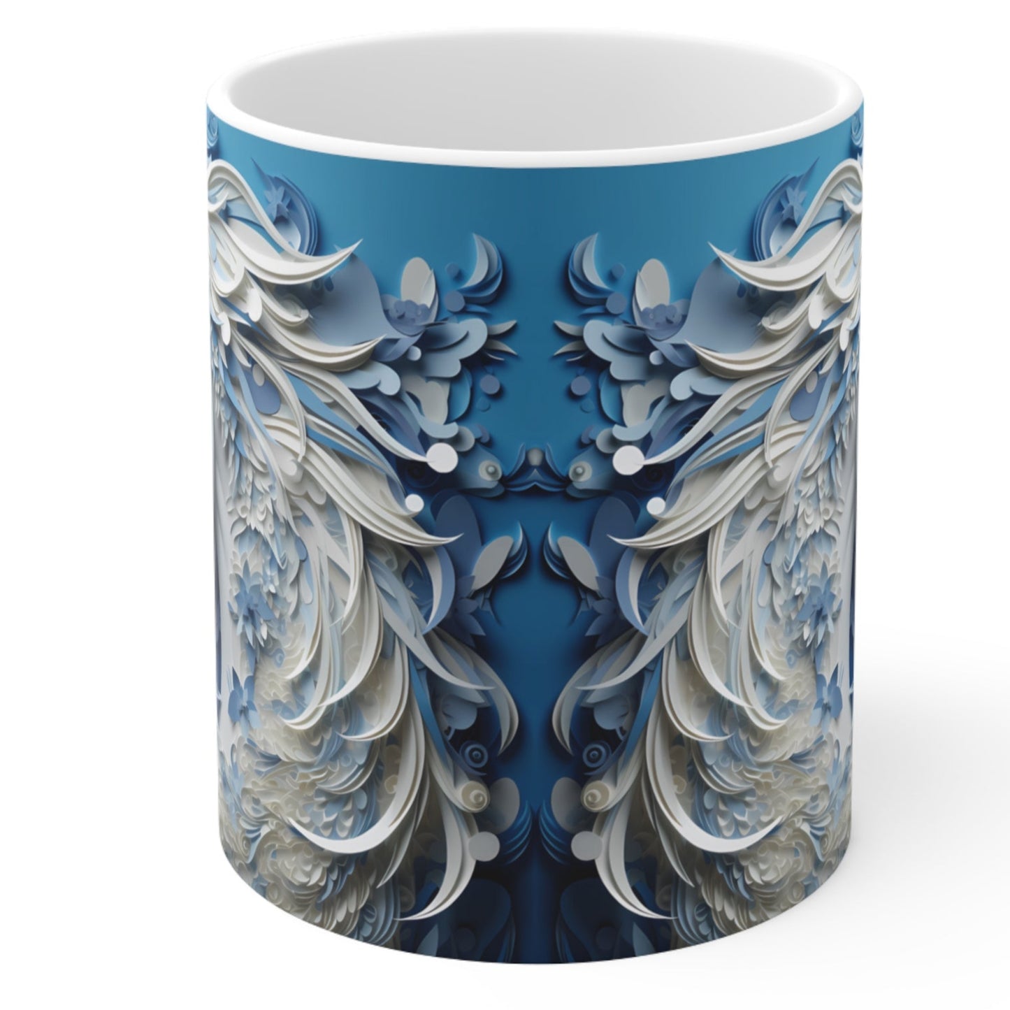 White ceramic mug featuring a sculpted-style white horse with flowing blue and white floral mane on a cool blue background. 11oz, microwave and dishwasher safe.