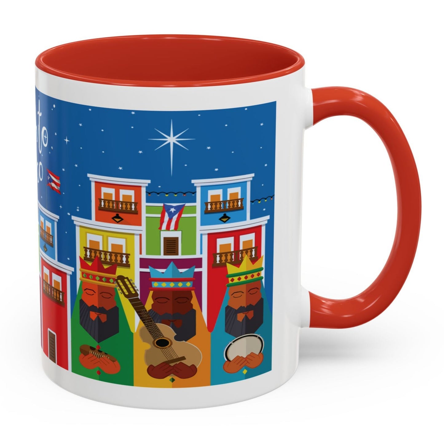 THREE KINGS IN OLD SAN JUAN COFFEE MUG TAZA TRES REYES MAGOS EN SAN JUAN. ASA E INTERIOR ROJA. RED ACCENTS.