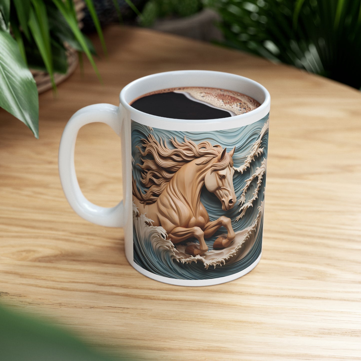 White ceramic mug featuring a sculpted-style tan horse galloping through ocean waves with flowing mane. 11oz, microwave and dishwasher safe.
