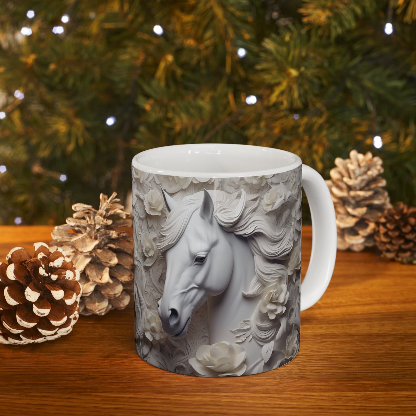 Elegant white ceramic mug featuring a majestic white horse surrounded by delicate white flowers. 11oz, microwave and dishwasher safe.