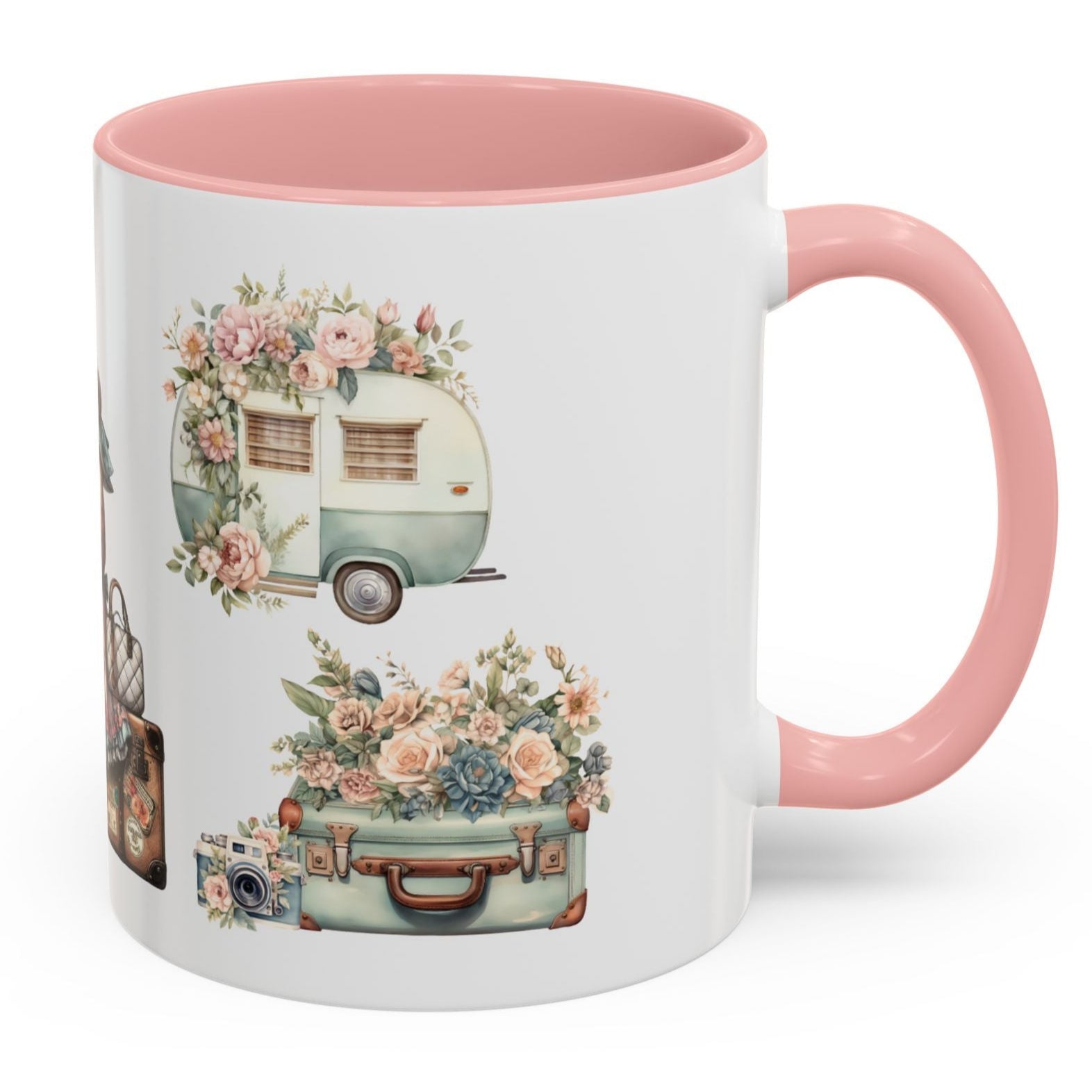 vintage floral travel mug with woman, suitcase, airplane and camper