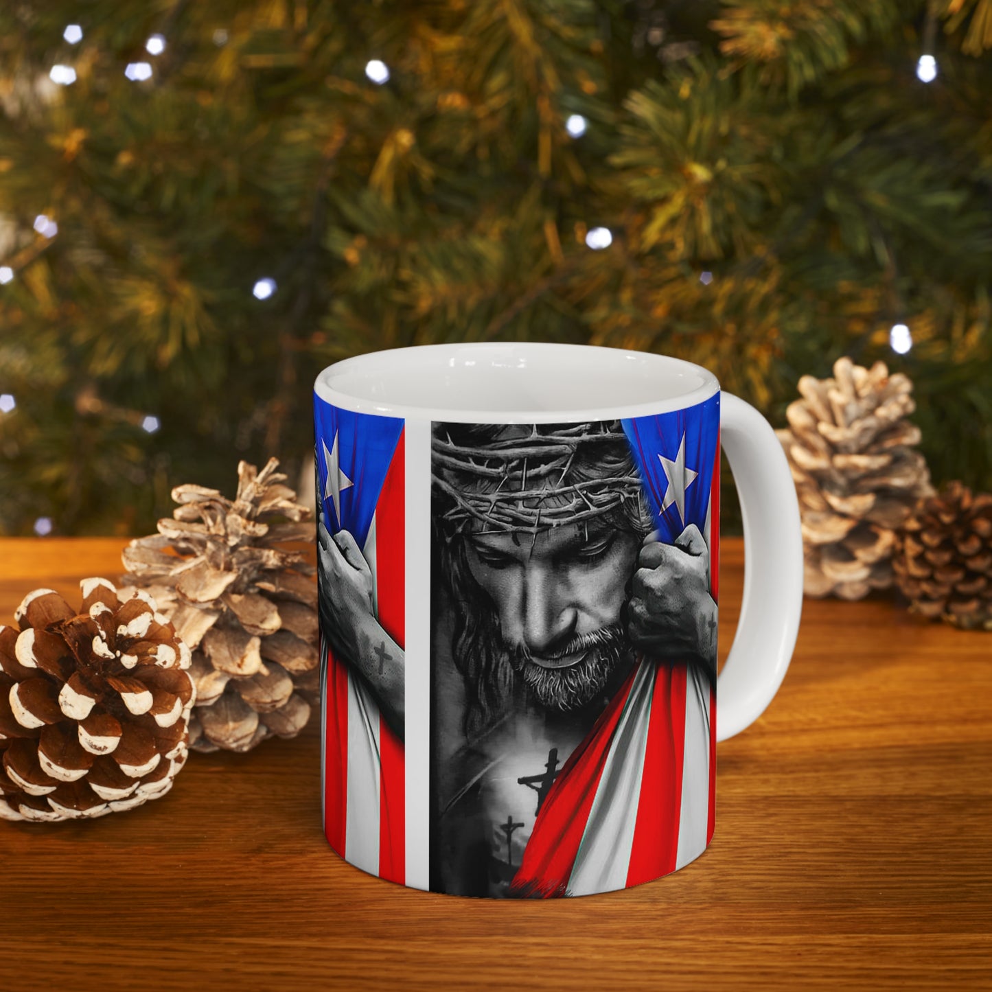 JESUS HUGGING PUERTO RICAN FLAG MUG - WHITE - MUGSCITY - Free Shipping