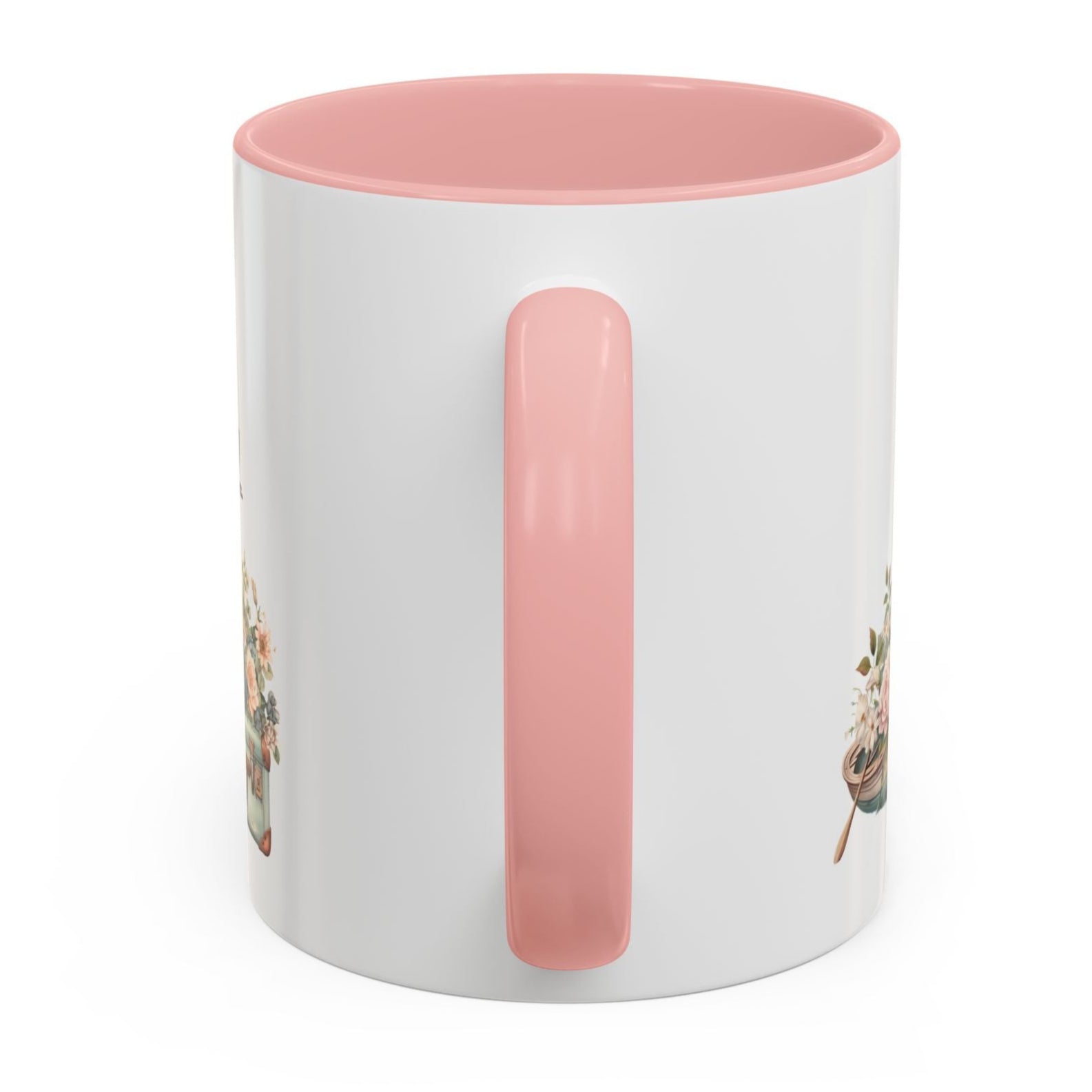 vintage floral travel mug with woman, suitcase, airplane and camper