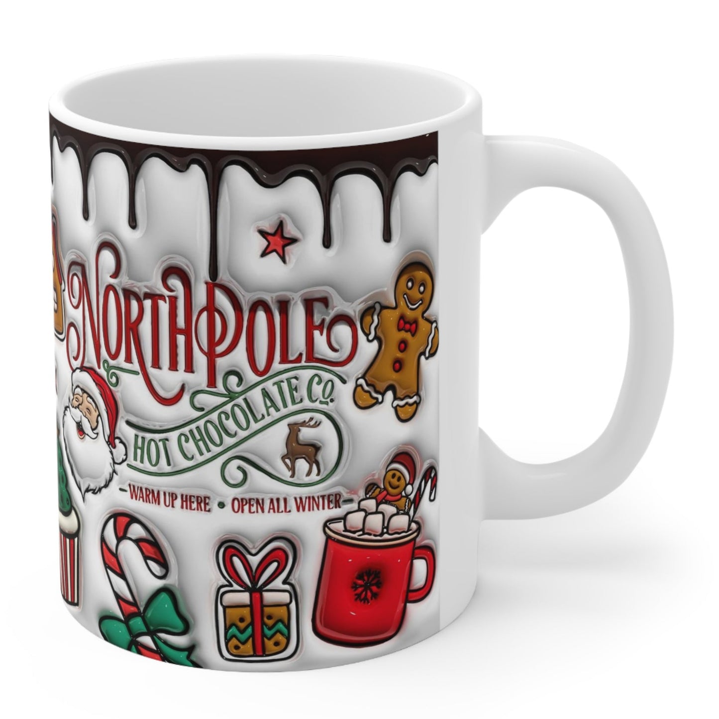 Christmas mug with North Pole Hot Chocolate Co. design, Santa, gingerbread, cocoa and candy canes
