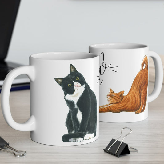 FUNNY CAT MUG - STRETCHING & SITTING KITTY COFFEE CUP | MUGSCITY23