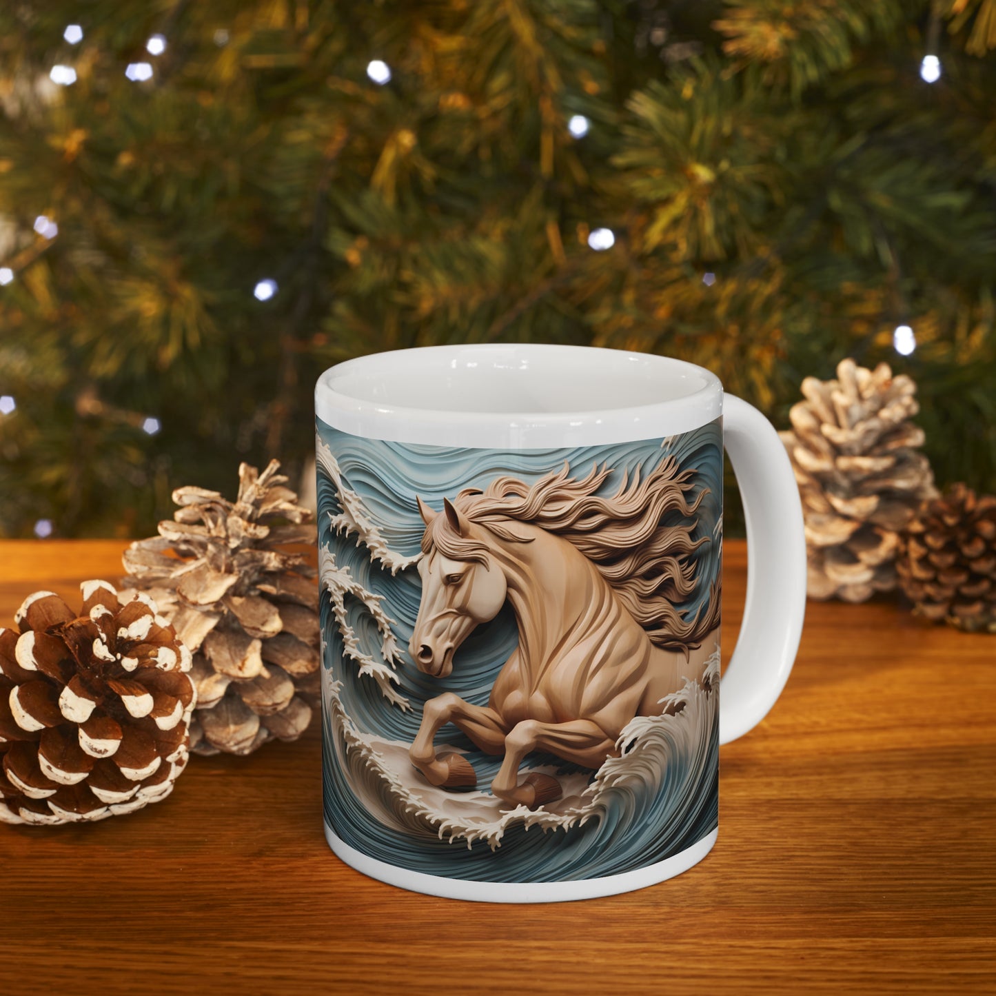 White ceramic mug featuring a sculpted-style tan horse galloping through ocean waves with flowing mane. 11oz, microwave and dishwasher safe.