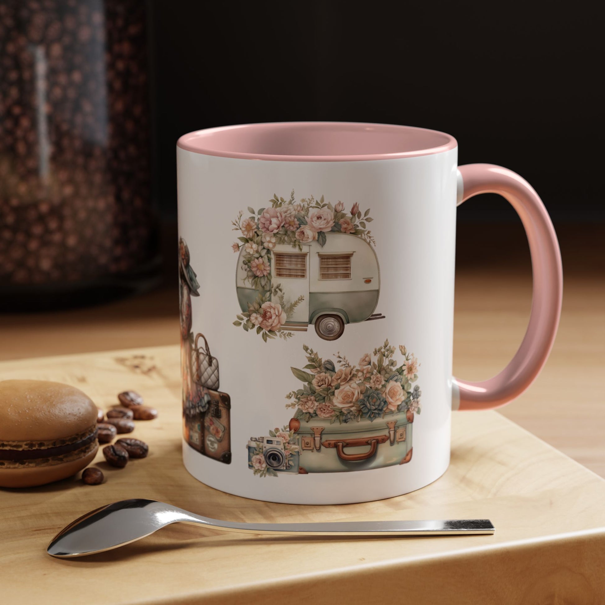 vintage floral travel mug with woman, suitcase, airplane and camper