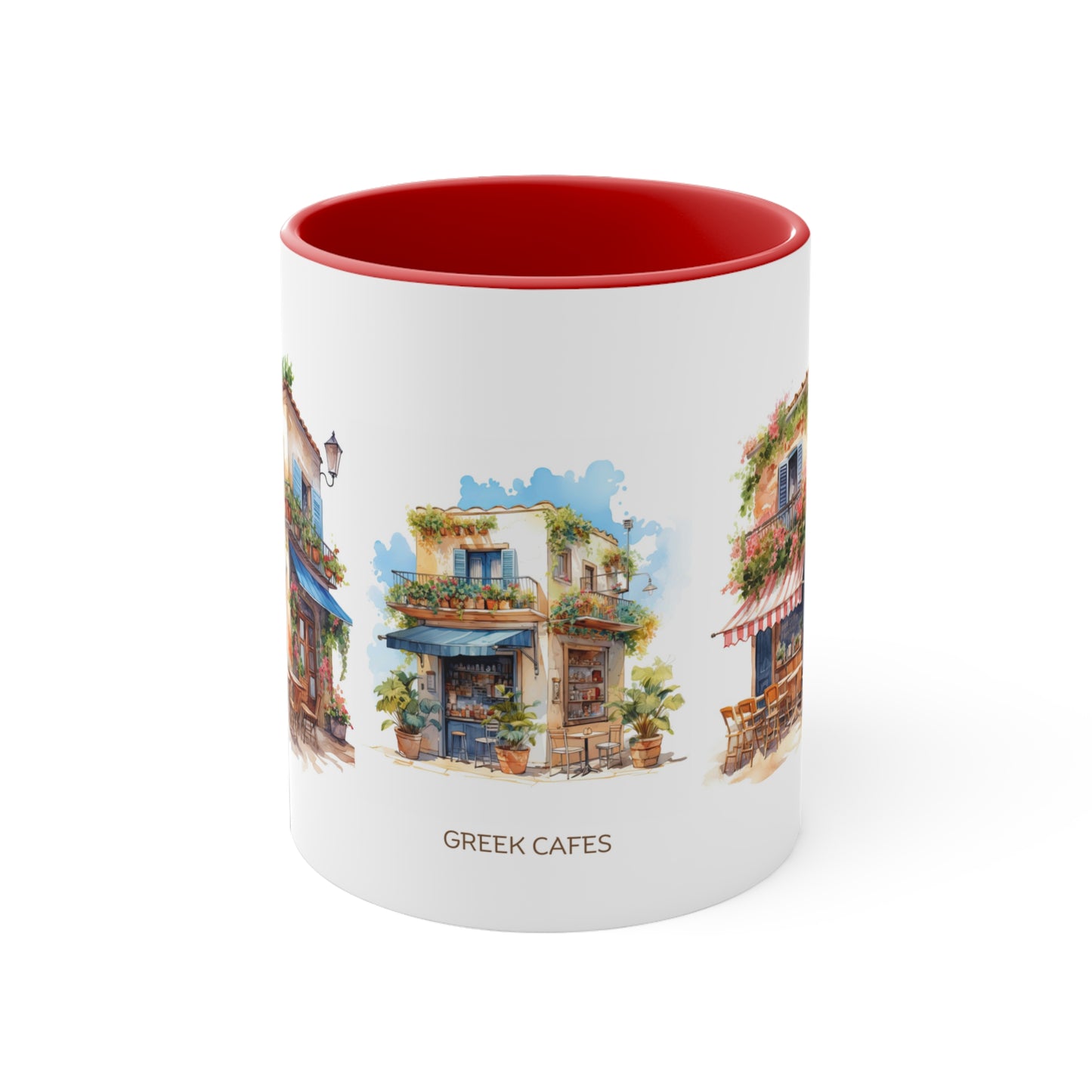 GREEK CAFES Amazing WATERCOLOR Mug - Blue, Red Accents - Mugscity - Free Shipping