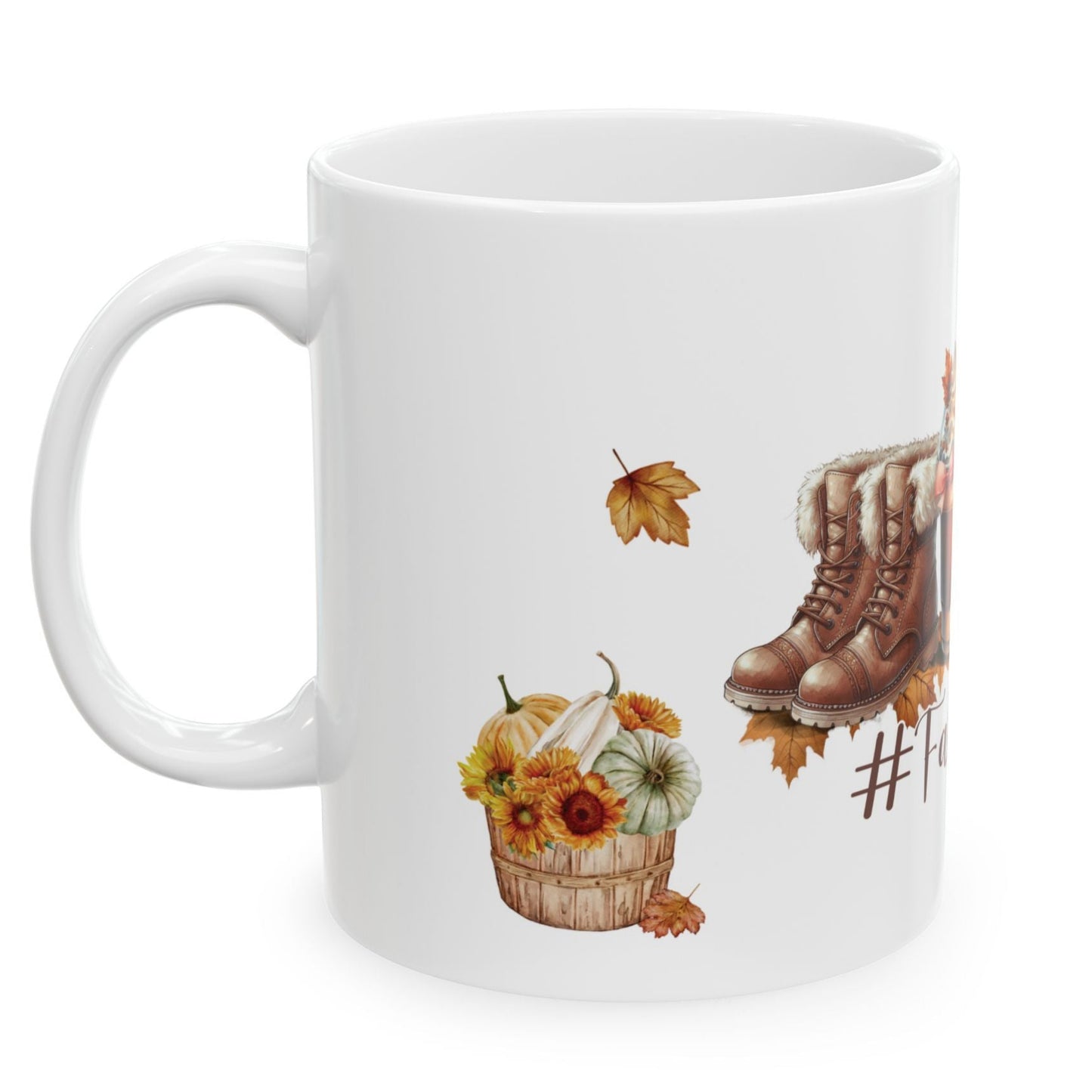 Pumpkin spice fall mug with cozy boots, coffee, and pumpkins by Mugscity23