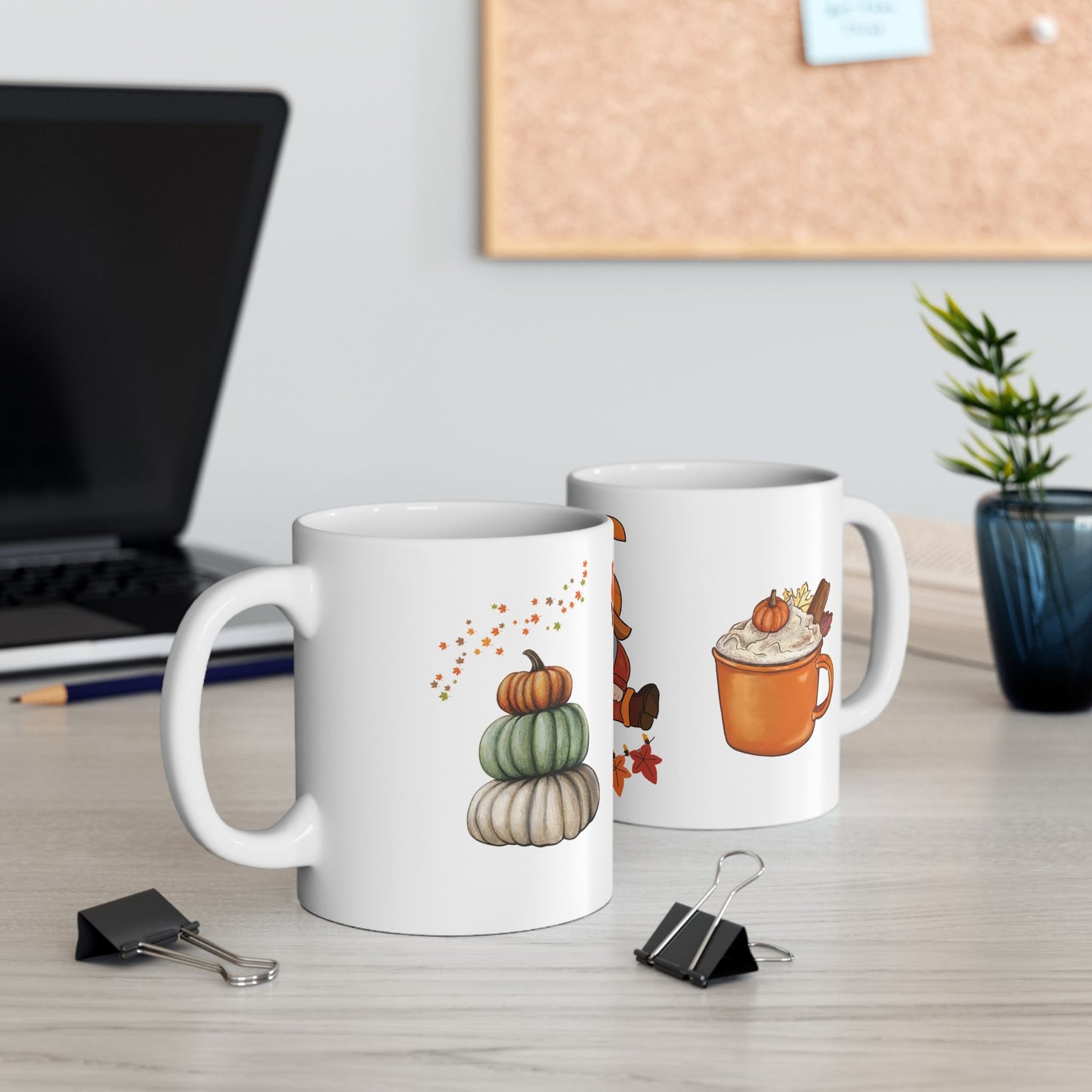 Fall Vibes mug with autumn gnome, stacked pumpkins, falling leaves, and soft 3D look – 11oz ceramic cup by MUGSCITY23