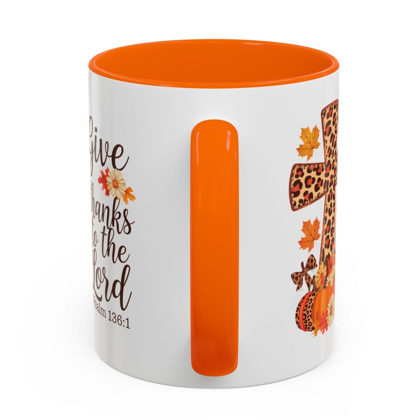 Christian fall mug with leopard cross, pumpkins, sunflowers, and Psalm 136:1 – Give thanks to the Lord – perfect Thanksgiving faith gift
