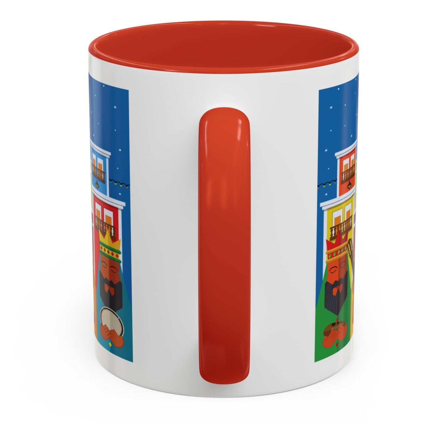 THREE KINGS IN OLD SAN JUAN COFFEE MUG TAZA TRES REYES MAGOS EN SAN JUAN. ASA E INTERIOR ROJA. RED ACCENTS.