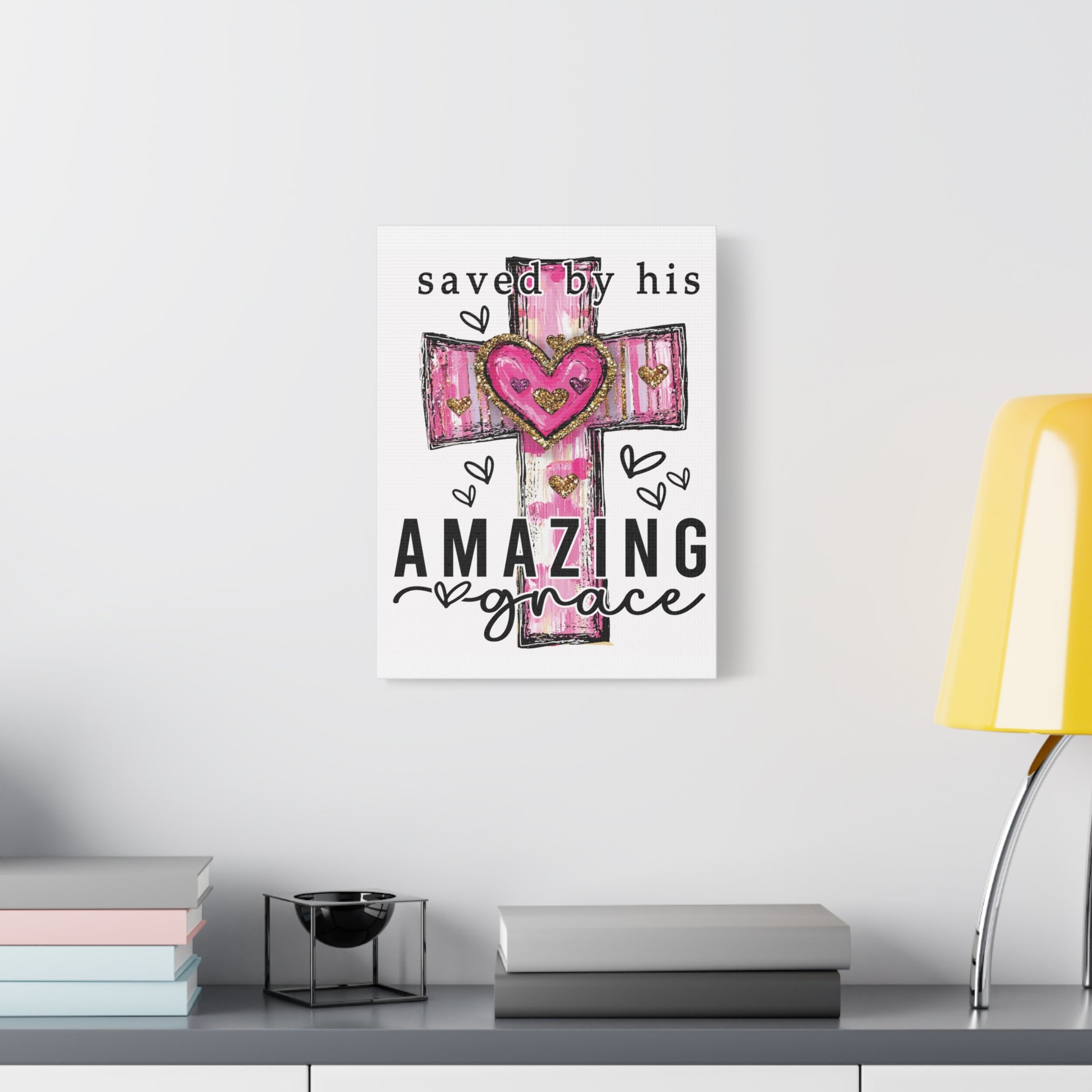 Christian canvas with pink cross, hearts, and text "Saved by His Amazing Grace" – 12x16 or 16x20 by Mugscity