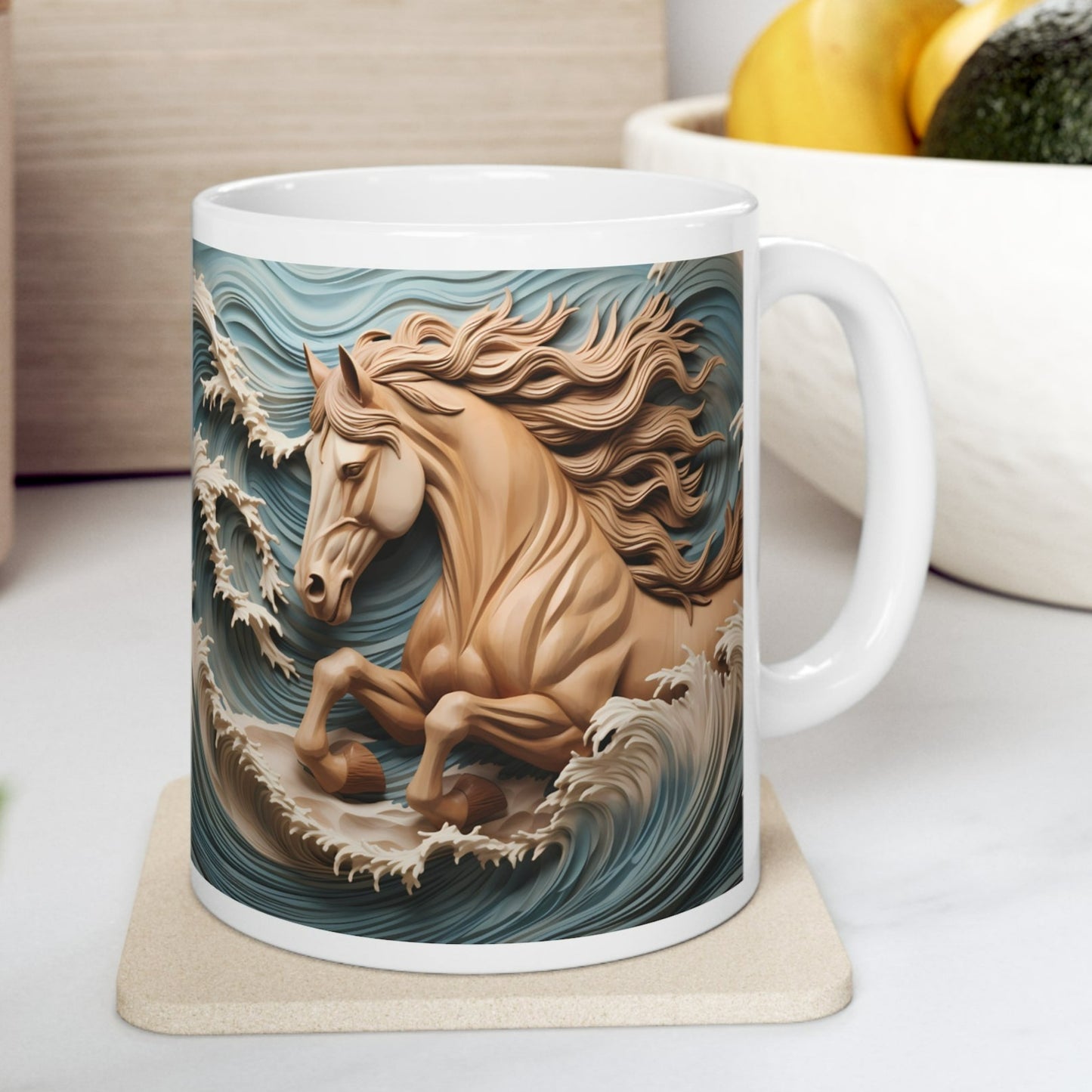 White ceramic mug featuring a sculpted-style tan horse galloping through ocean waves with flowing mane. 11oz, microwave and dishwasher safe.