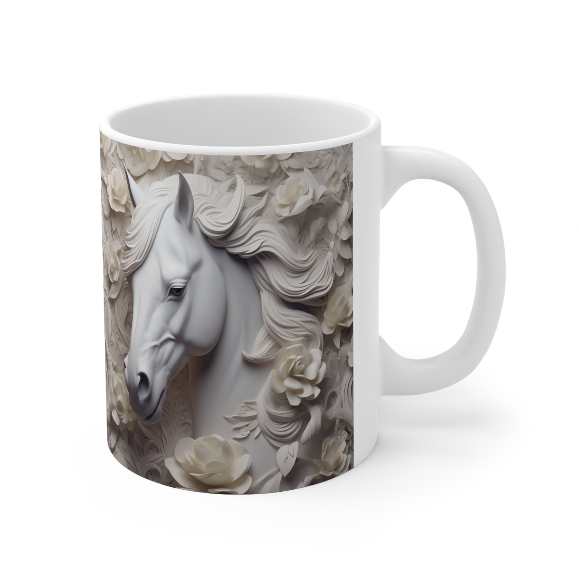 Elegant white ceramic mug featuring a majestic white horse surrounded by delicate white flowers. 11oz, microwave and dishwasher safe.