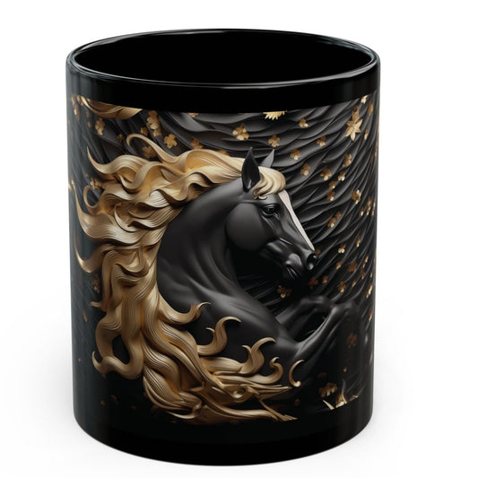 Luxurious black ceramic mug featuring a stunning black and gold horse design. 11oz, microwave and dishwasher safe, perfect for horse lovers.