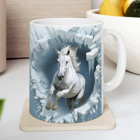 Ceramic mug featuring a dynamic 3D image of a white galloping horse. 11oz, microwave and dishwasher safe.
