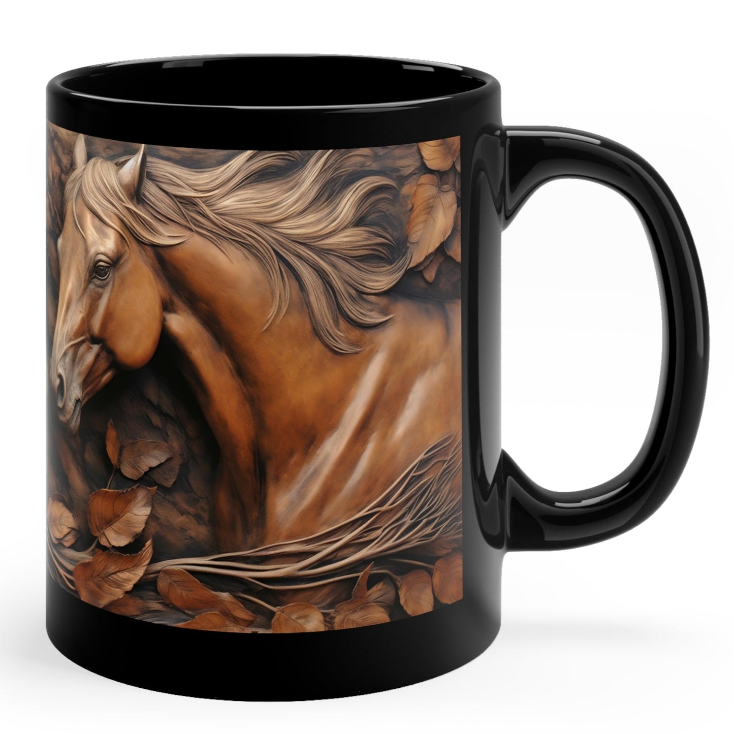 Glossy black ceramic mug with three sculpted-style horses in warm brown tones surrounded by swirling autumn leaves. 11oz, microwave and dishwasher safe.