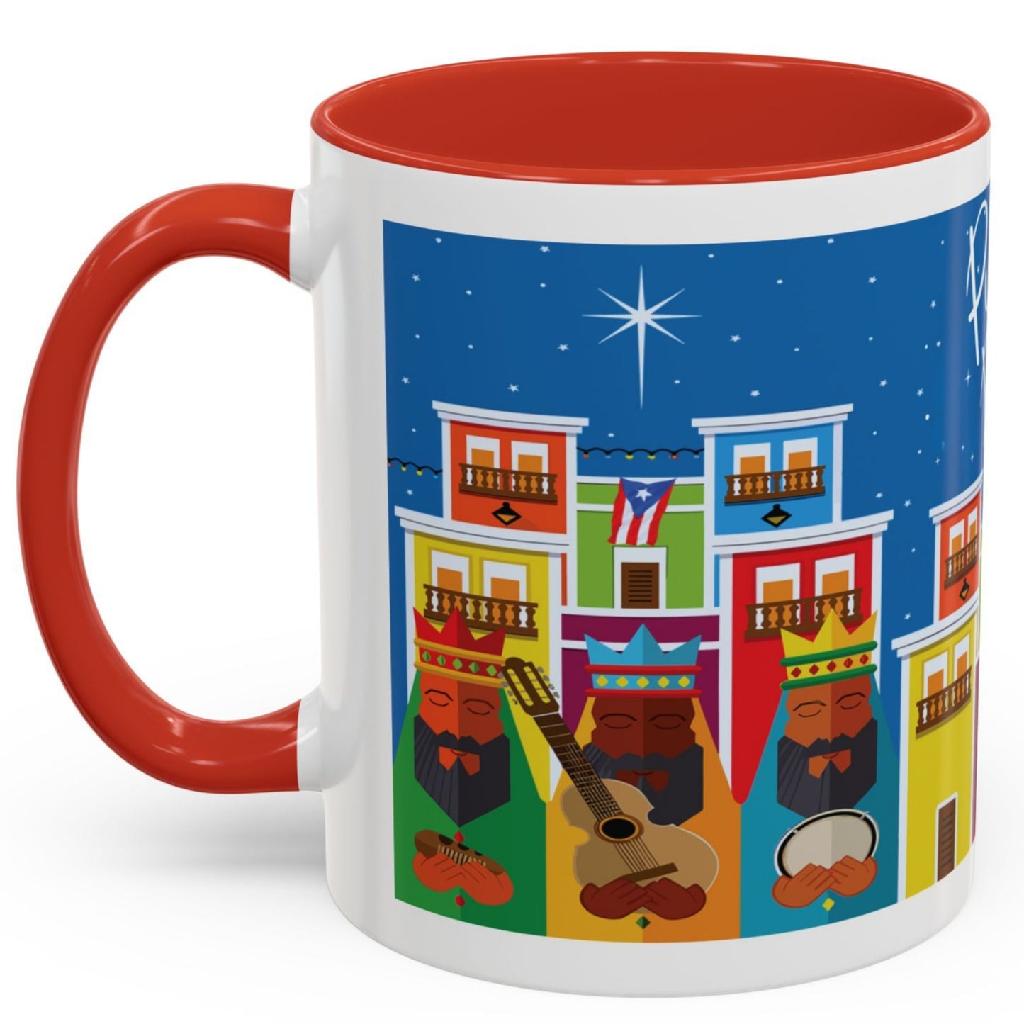 THREE KINGS IN OLD SAN JUAN COFFEE MUG TAZA TRES REYES MAGOS EN SAN JUAN. ASA E INTERIOR ROJA. RED ACCENTS.