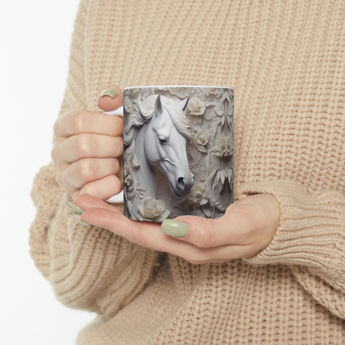 Elegant white ceramic mug featuring a majestic white horse surrounded by delicate white flowers. 11oz, microwave and dishwasher safe.