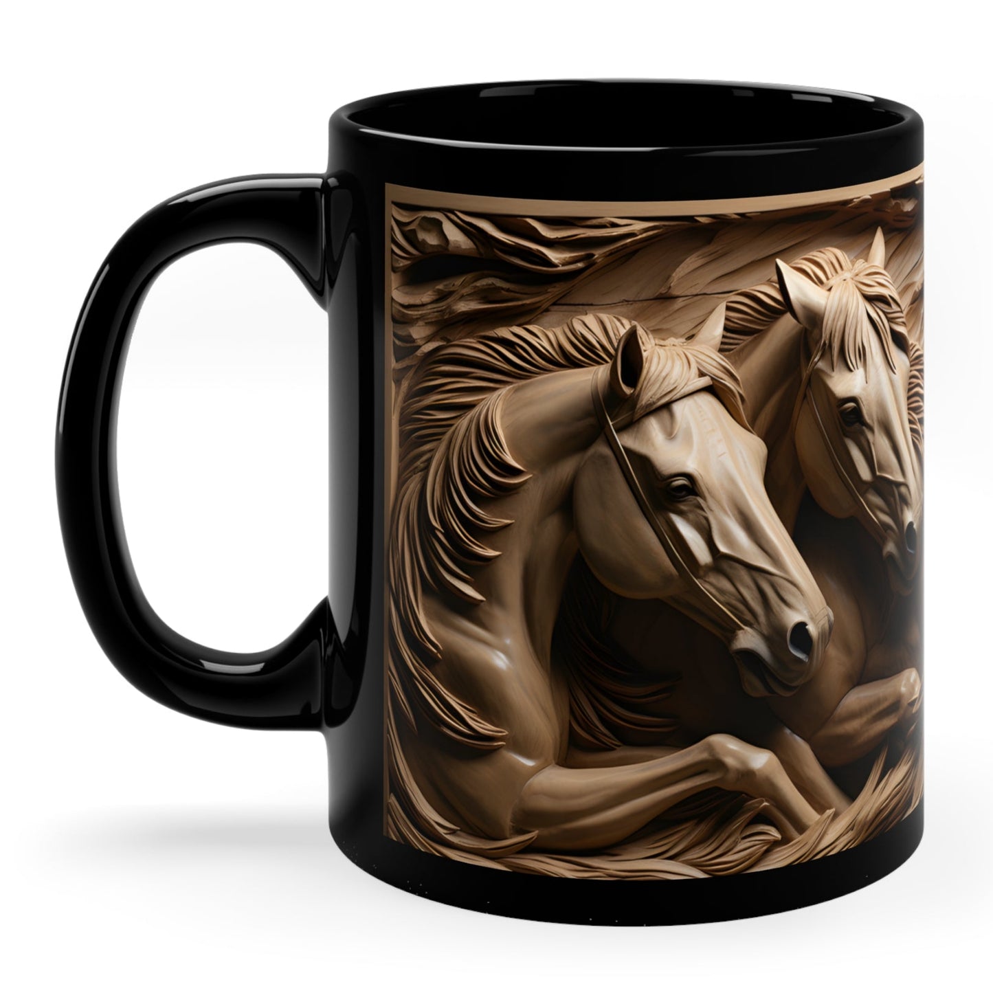 Black ceramic mug featuring a detailed sculpted-style design of wild horses in motion, with flowing textures and natural tones. 11oz, microwave and dishwasher safe.