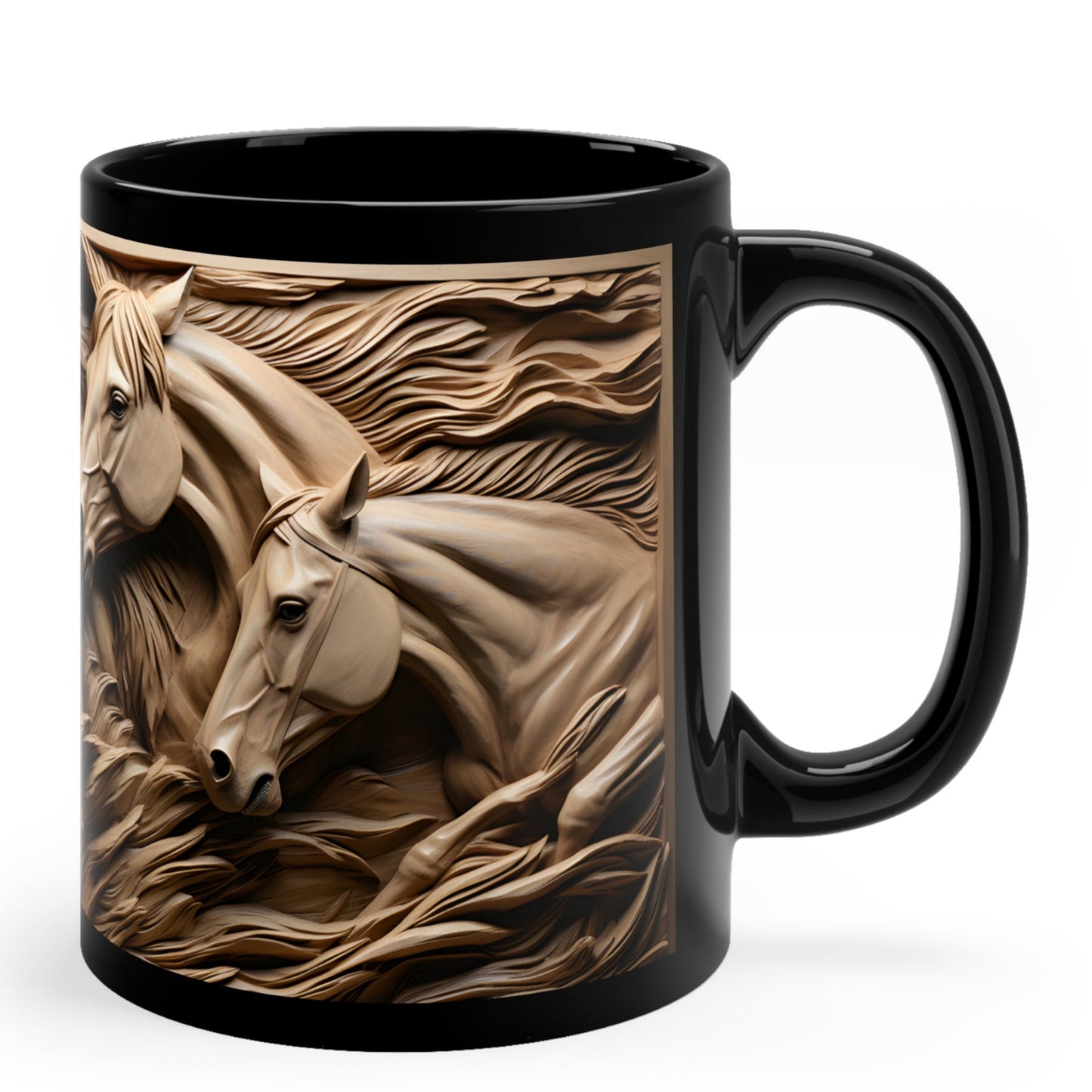 Black ceramic mug featuring a detailed sculpted-style design of wild horses in motion, with flowing textures and natural tones. 11oz, microwave and dishwasher safe.