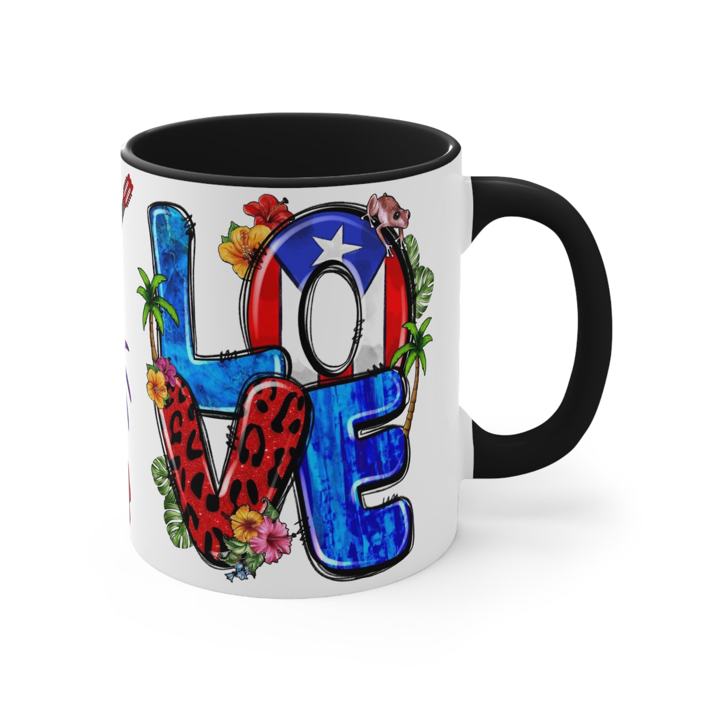 LOVE PUERTO RICO Mug with Puerto Rican Elements - Mugscity - Free Shipping - Available with Red, Blue or Black Accents