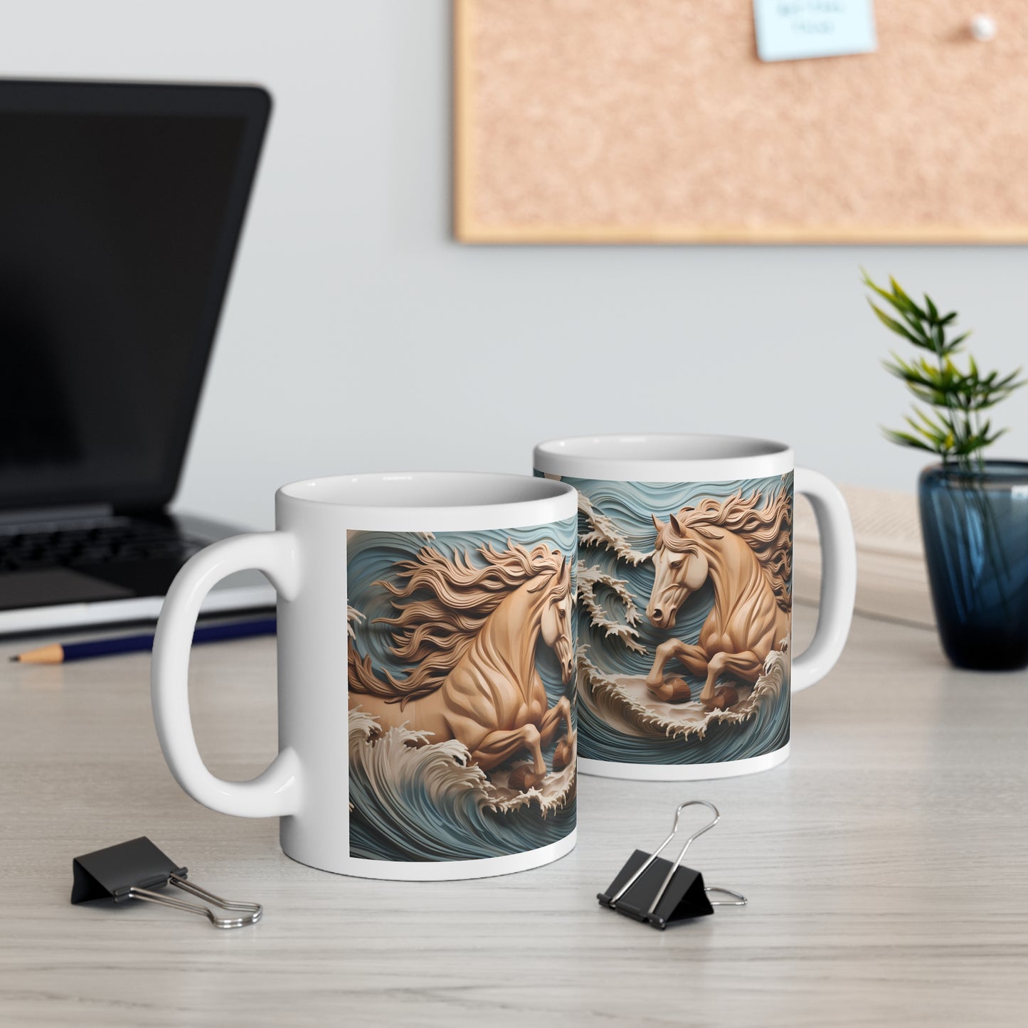 White ceramic mug featuring a sculpted-style tan horse galloping through ocean waves with flowing mane. 11oz, microwave and dishwasher safe.