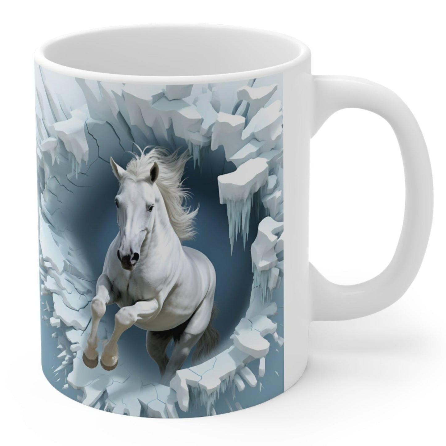 Ceramic mug featuring a dynamic 3D image of a white galloping horse. 11oz, microwave and dishwasher safe.