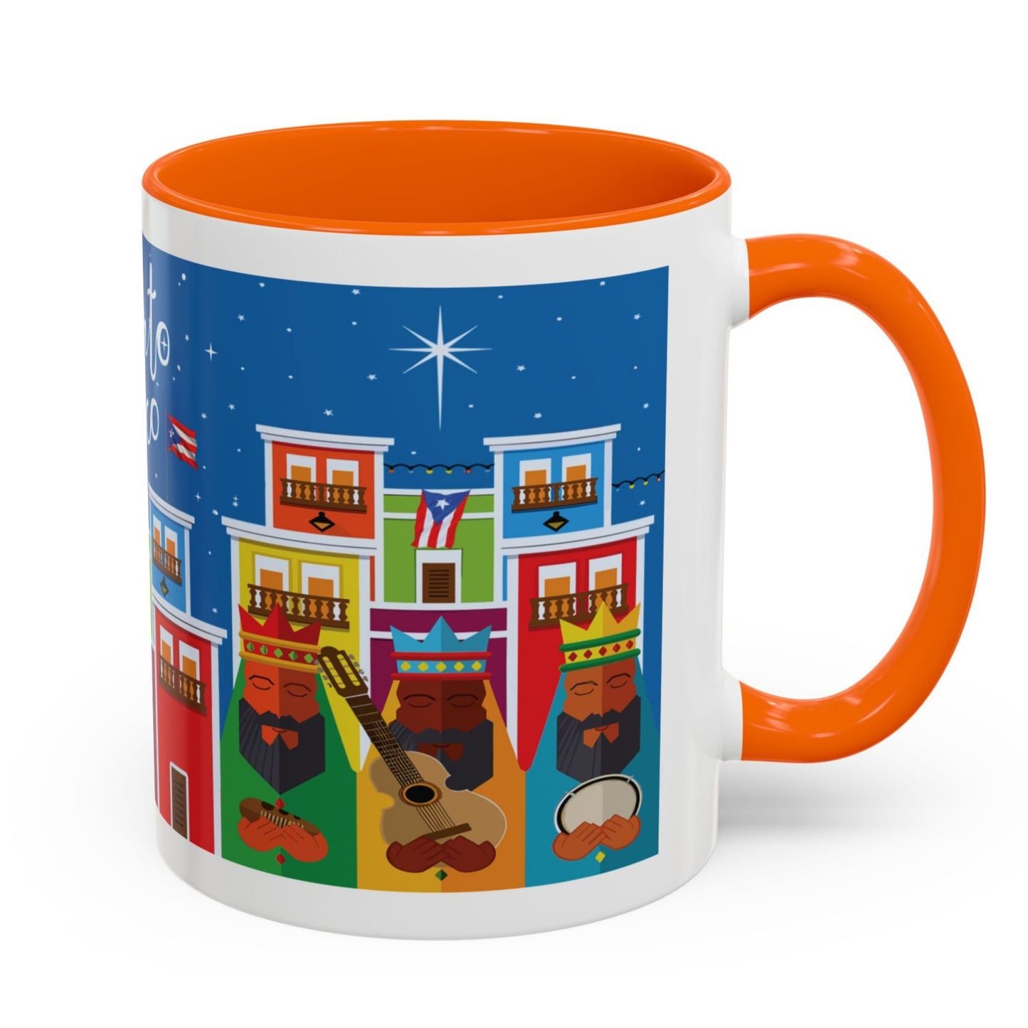 THREE KINGS IN OLD SAN JUAN COFFEE MUG TAZA TRES REYES MAGOS EN SAN JUAN. ASA E INTERIOR ANARANJADO. ORANGE ACCENTS.