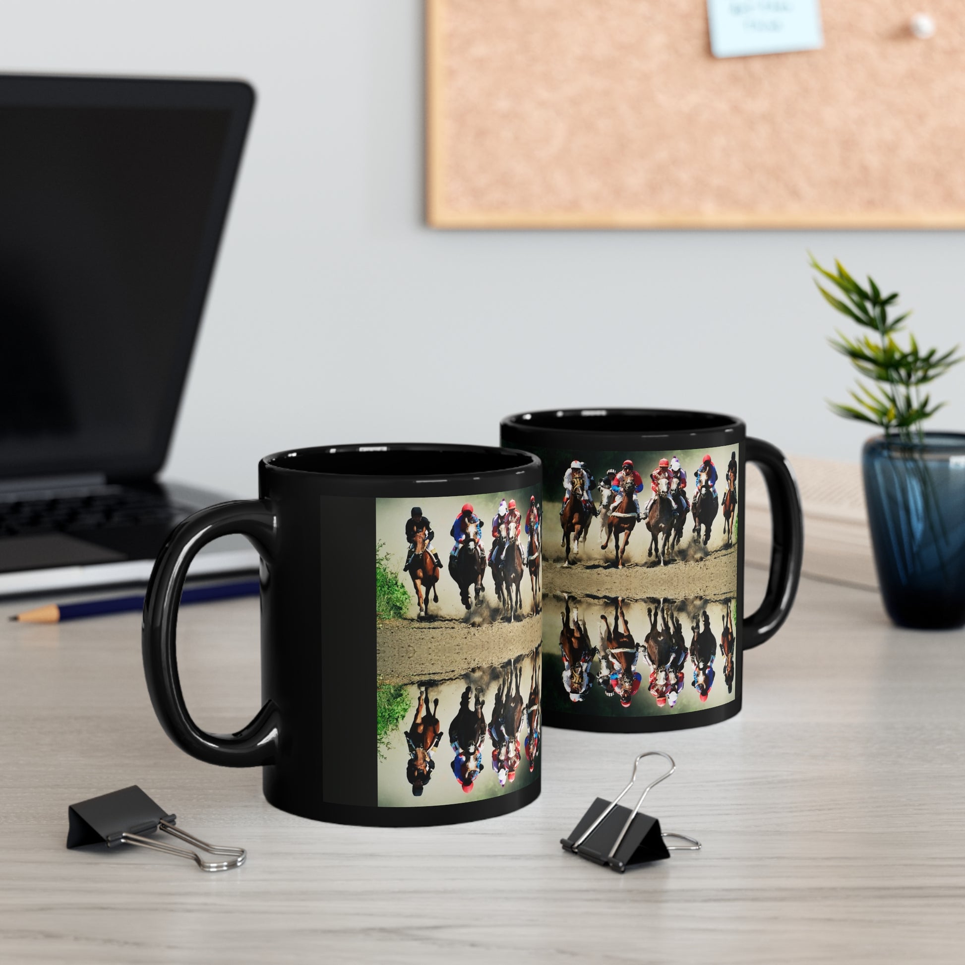 Glossy black ceramic mug featuring a dynamic image of jockeys in a horse race with a mirrored reflection design. 11oz, microwave and dishwasher safe.