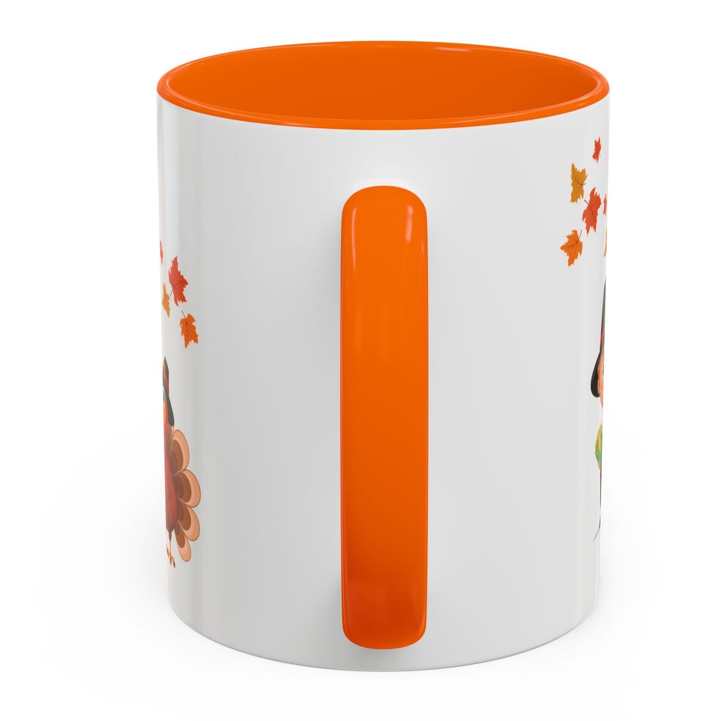Farm Fresh Pumpkins mug with blue vintage truck full of pumpkins, Thanksgiving turkey, pilgrim boy, and autumn leaves – 11oz ceramic fall cup by MUGSCITY23