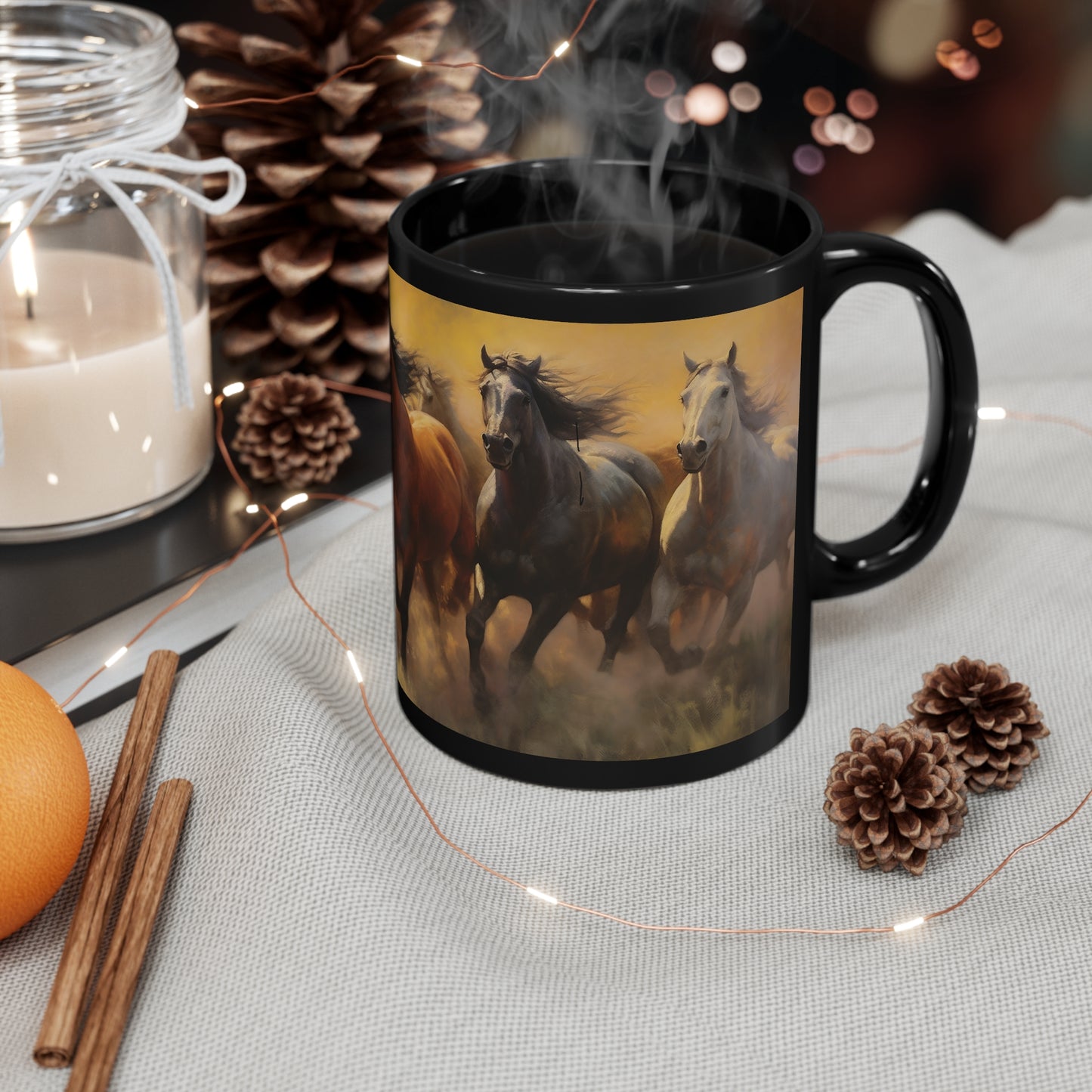 Glossy black ceramic mug featuring a dynamic image of horses running through a dust storm. 11oz, microwave and dishwasher safe.