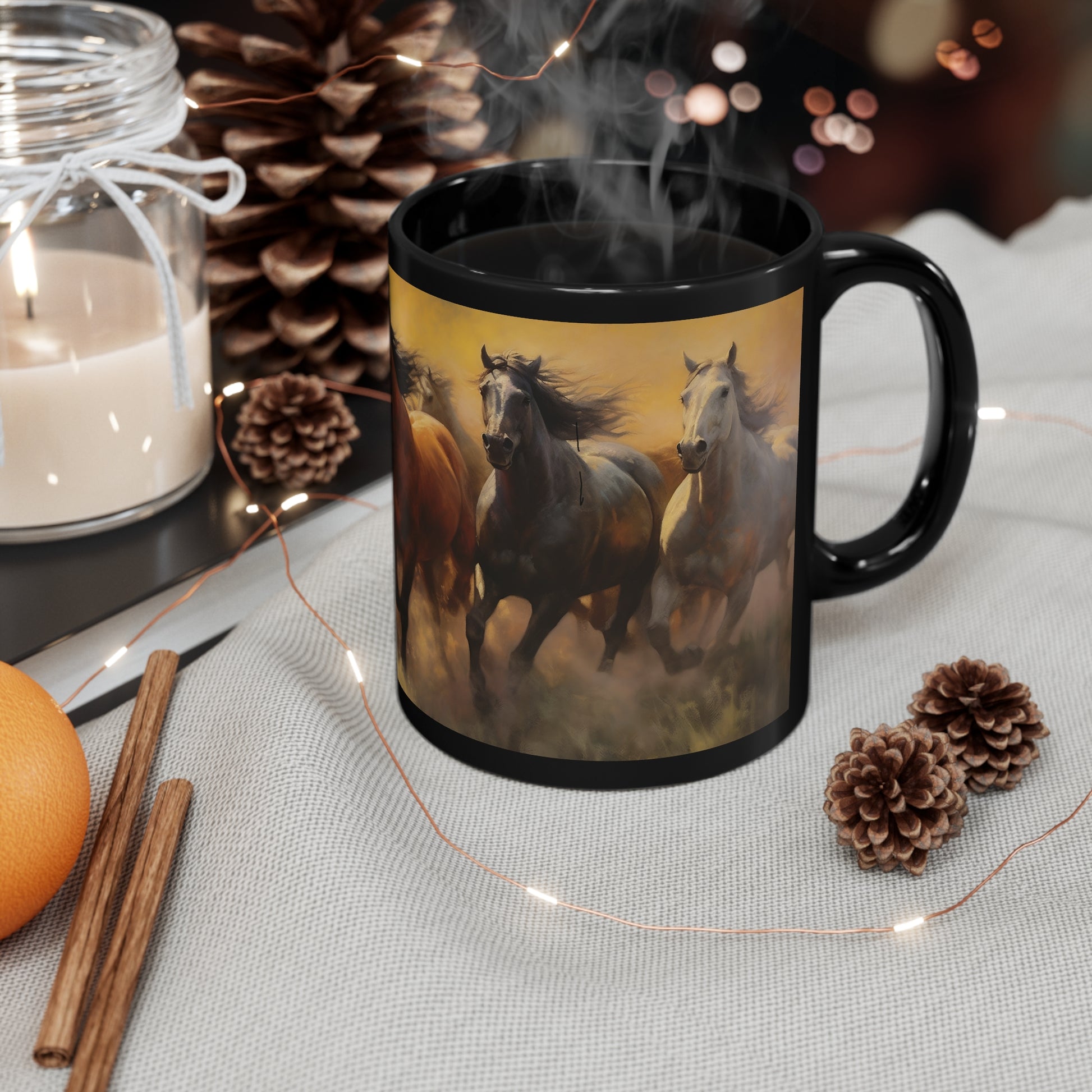 Glossy black ceramic mug featuring a dynamic image of horses running through a dust storm. 11oz, microwave and dishwasher safe.
