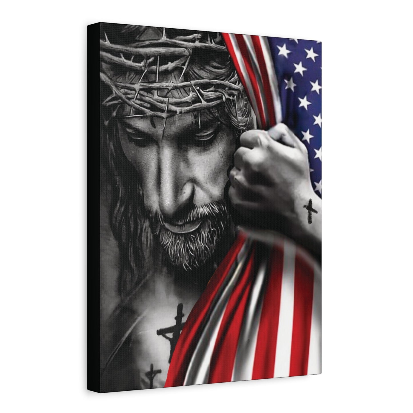 Jesus with crown of thorns pulling American flag to reveal cross – Canvas art 12x16 or 16x20 by Mugscity