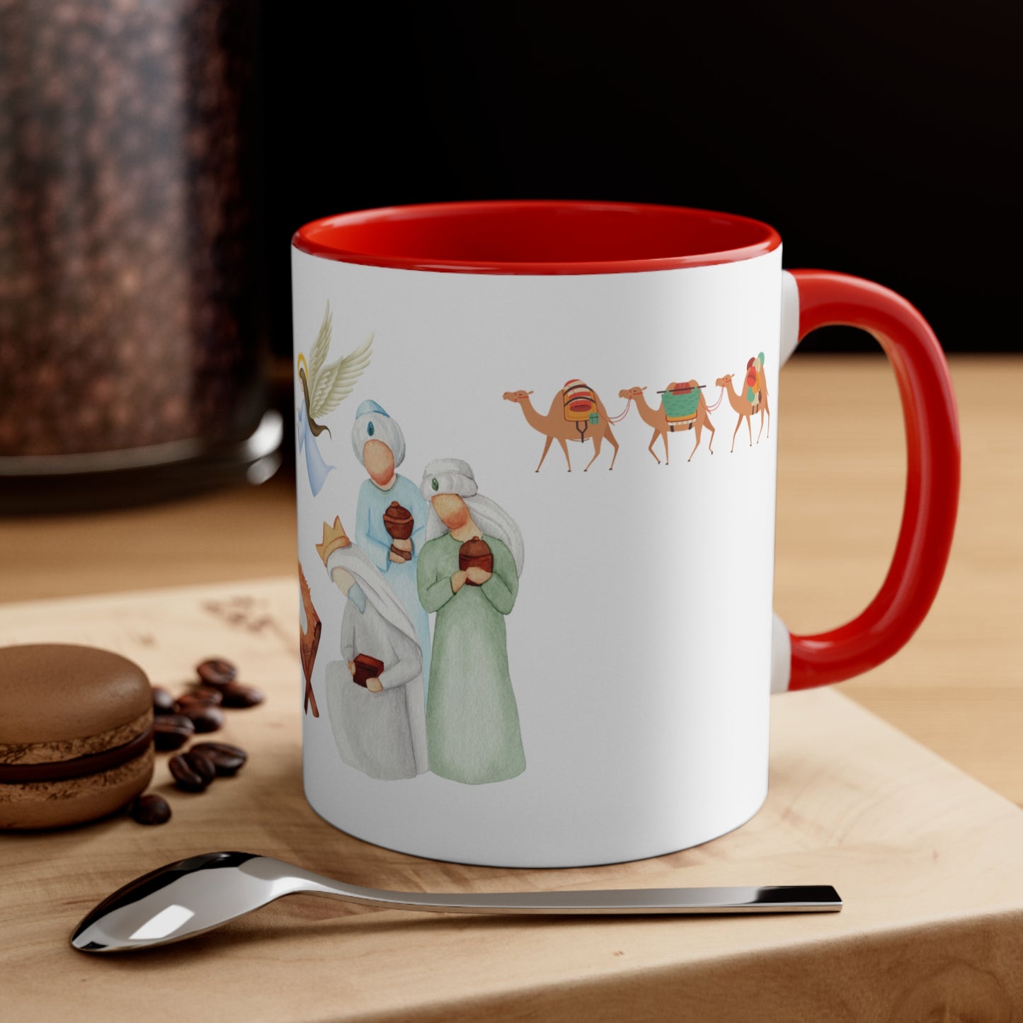 Puerto Rican Christmas nativity mug with Holy Family, angel, Three Kings, camels and jíbaro characters