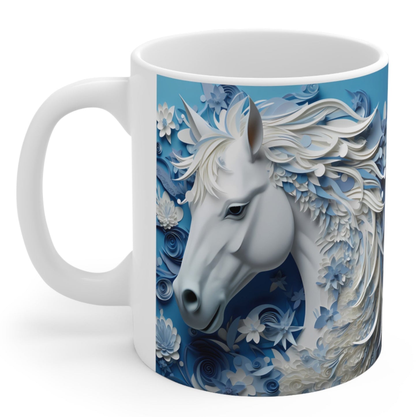 White ceramic mug featuring a sculpted-style white horse with flowing blue and white floral mane on a cool blue background. 11oz, microwave and dishwasher safe.