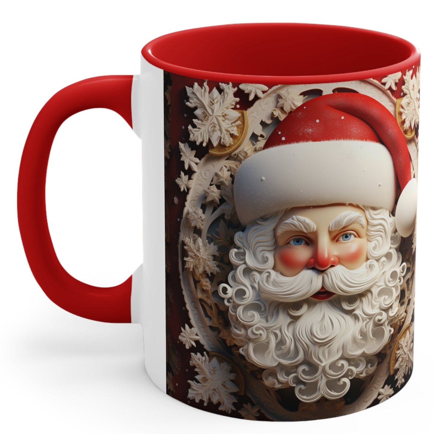 Christmas mug with vintage Santa Claus face and 3D snowflake textured design