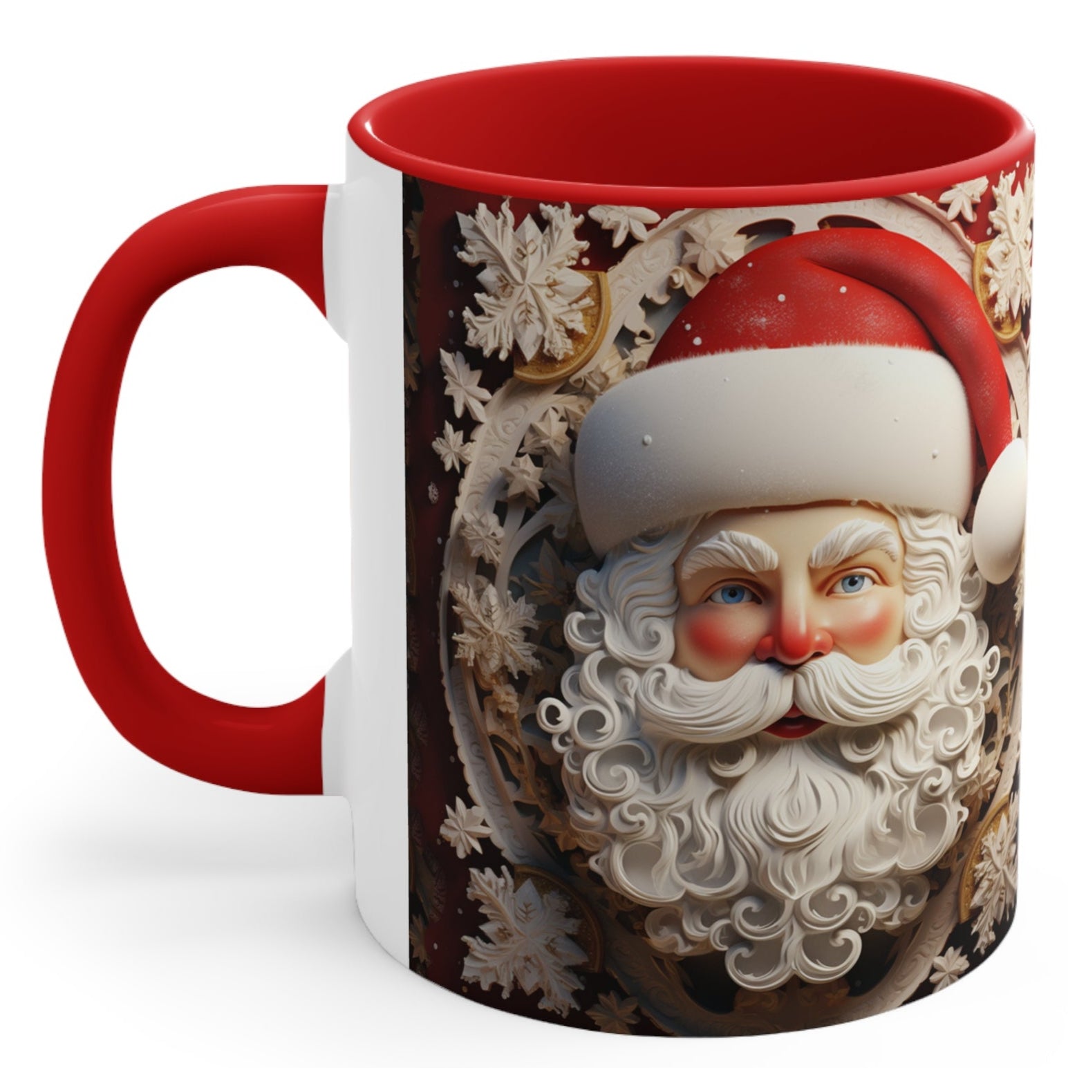 Christmas mug with vintage Santa Claus face and 3D snowflake textured design