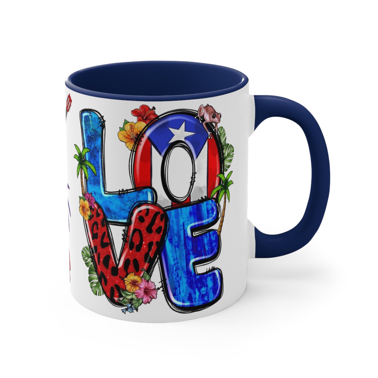 LOVE PUERTO RICO Mug with Puerto Rican Elements - Mugscity - Free Shipping - Available with Red, Blue or Black Accents