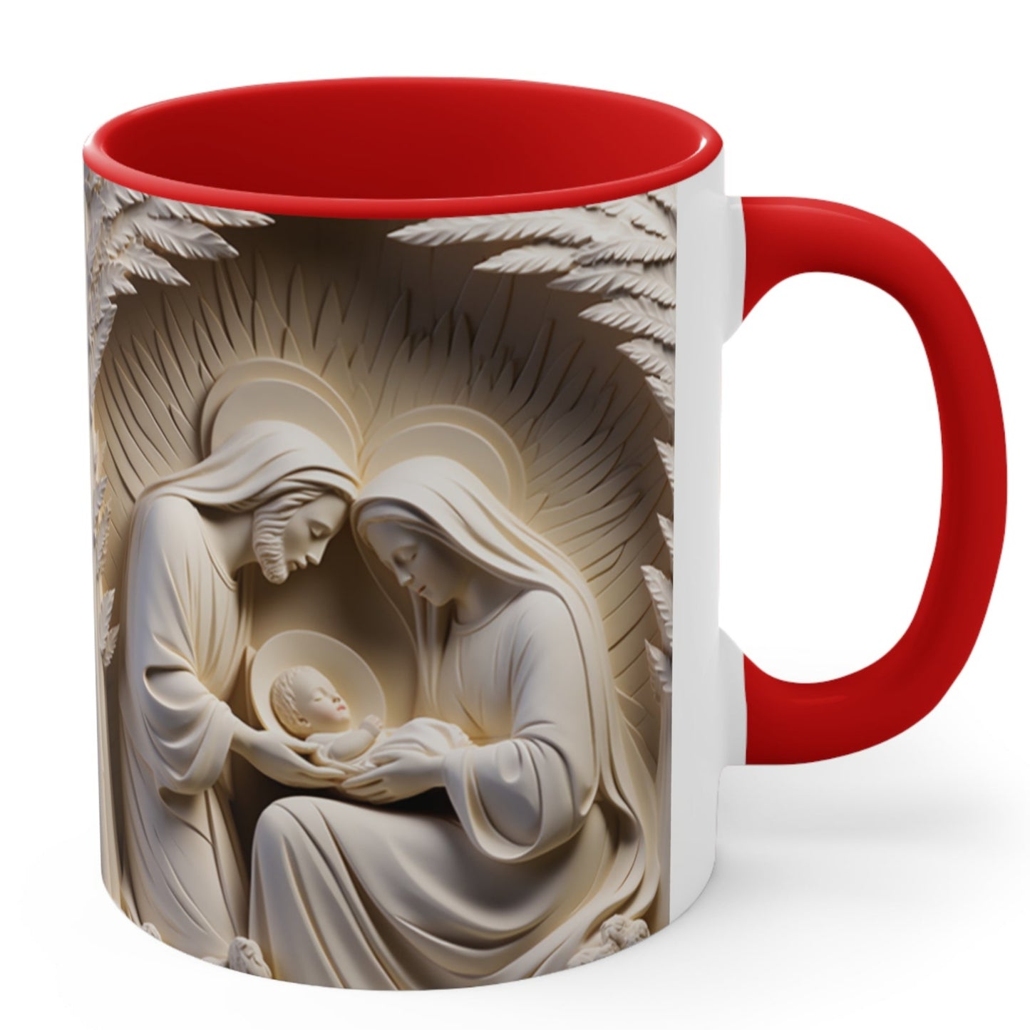 Christmas mug with 3D stone-look nativity scene of Mary, Joseph, and baby Jesus