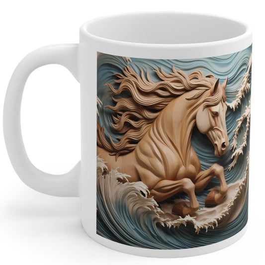 White ceramic mug featuring a sculpted-style tan horse galloping through ocean waves with flowing mane. 11oz, microwave and dishwasher safe.