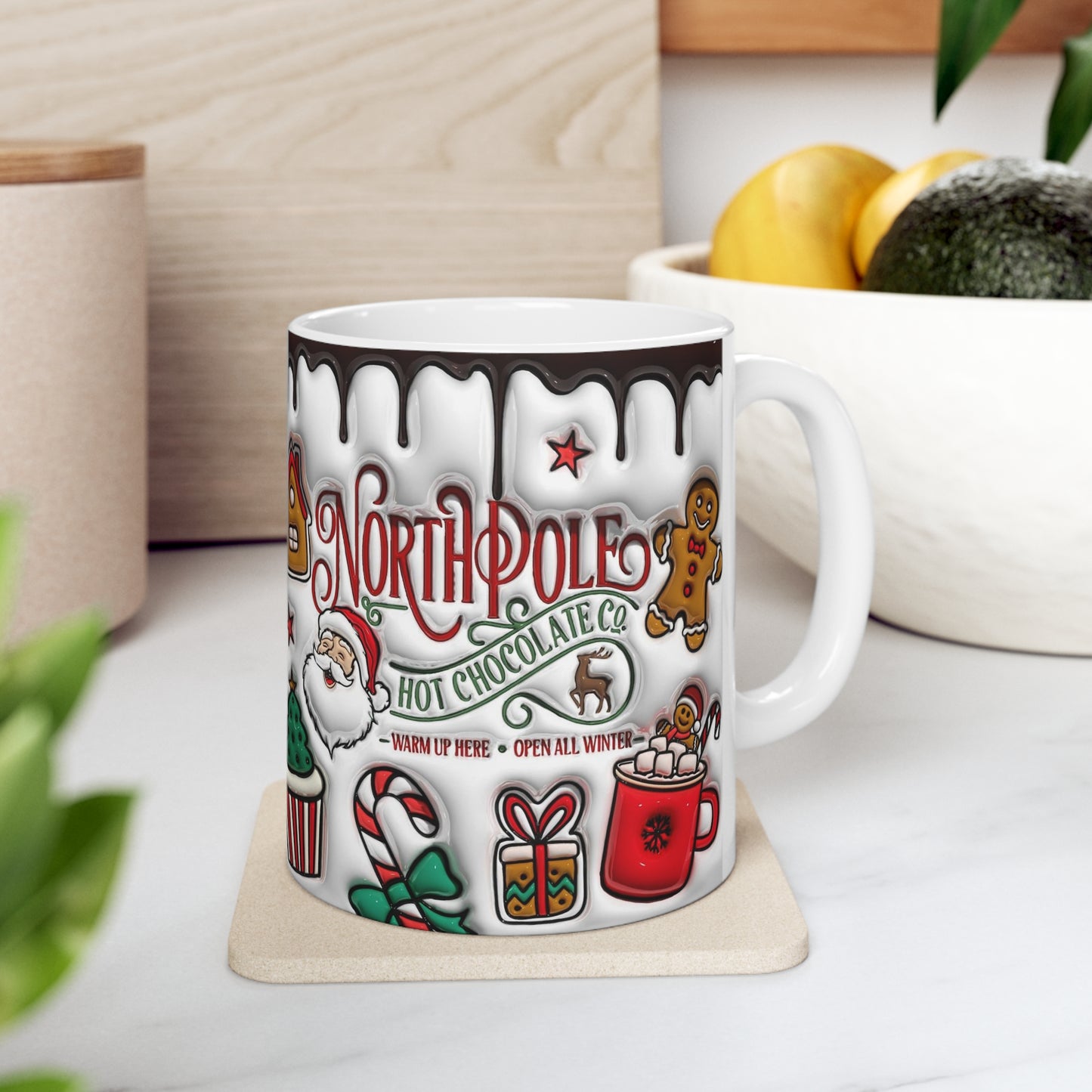Christmas mug with North Pole Hot Chocolate Co. design, Santa, gingerbread, cocoa and candy canes