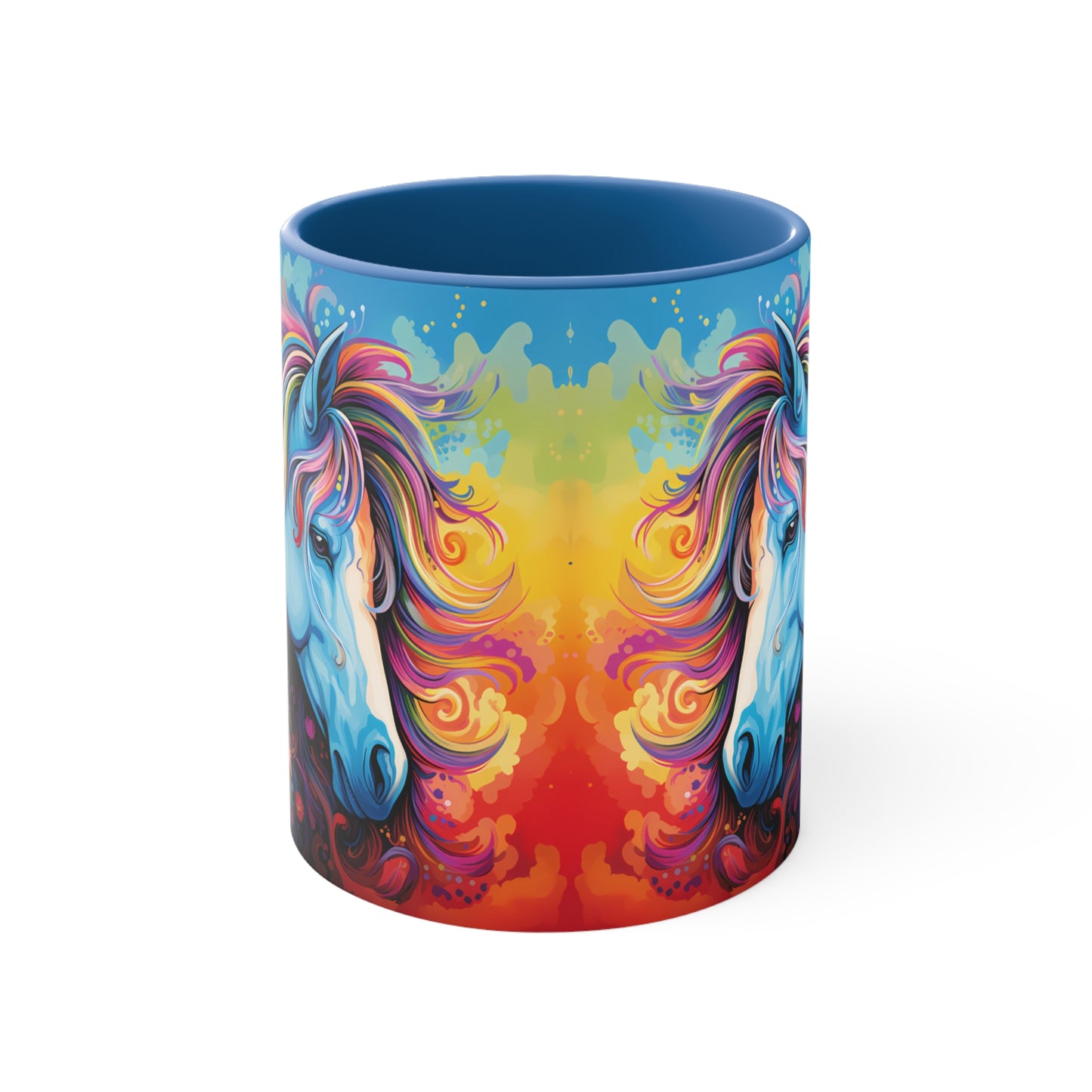 Bright ceramic mug featuring a blue horse with a multicolored rainbow mane, surrounded by flowers. Available in various accent colors. 11oz.