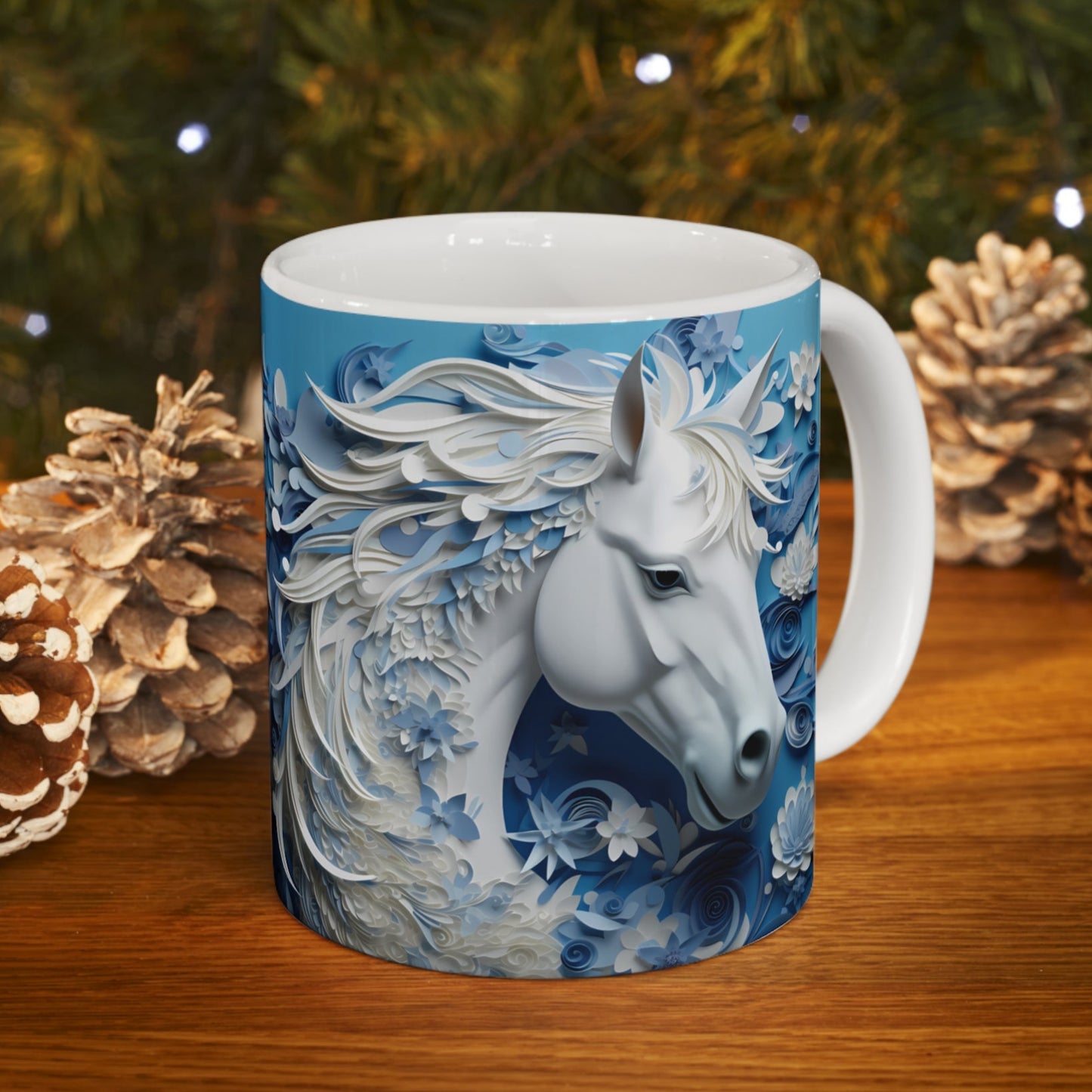 White ceramic mug featuring a sculpted-style white horse with flowing blue and white floral mane on a cool blue background. 11oz, microwave and dishwasher safe.