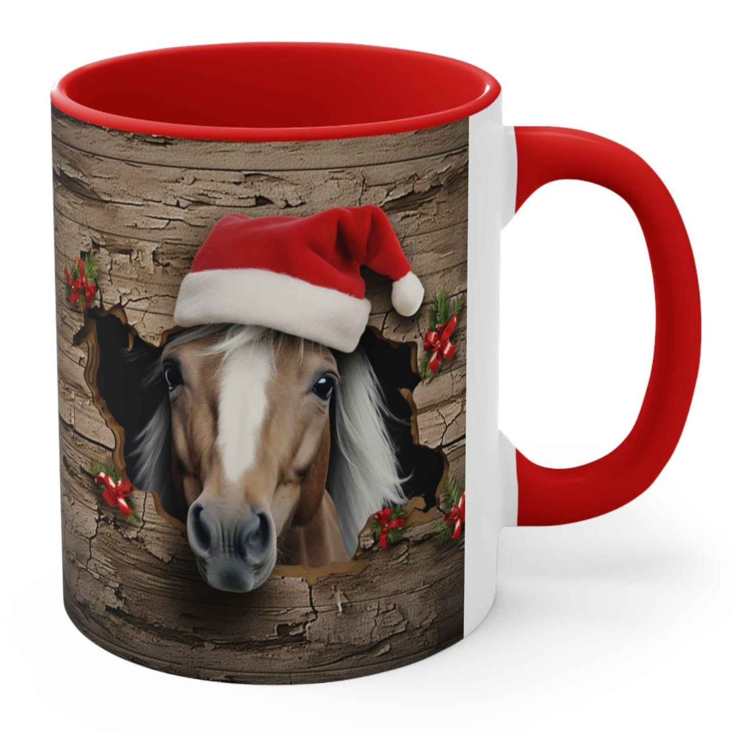 Festive ceramic mug with red handle, featuring a cute horse wearing a Santa hat peeking through rustic wood. 11oz, microwave and dishwasher safe.