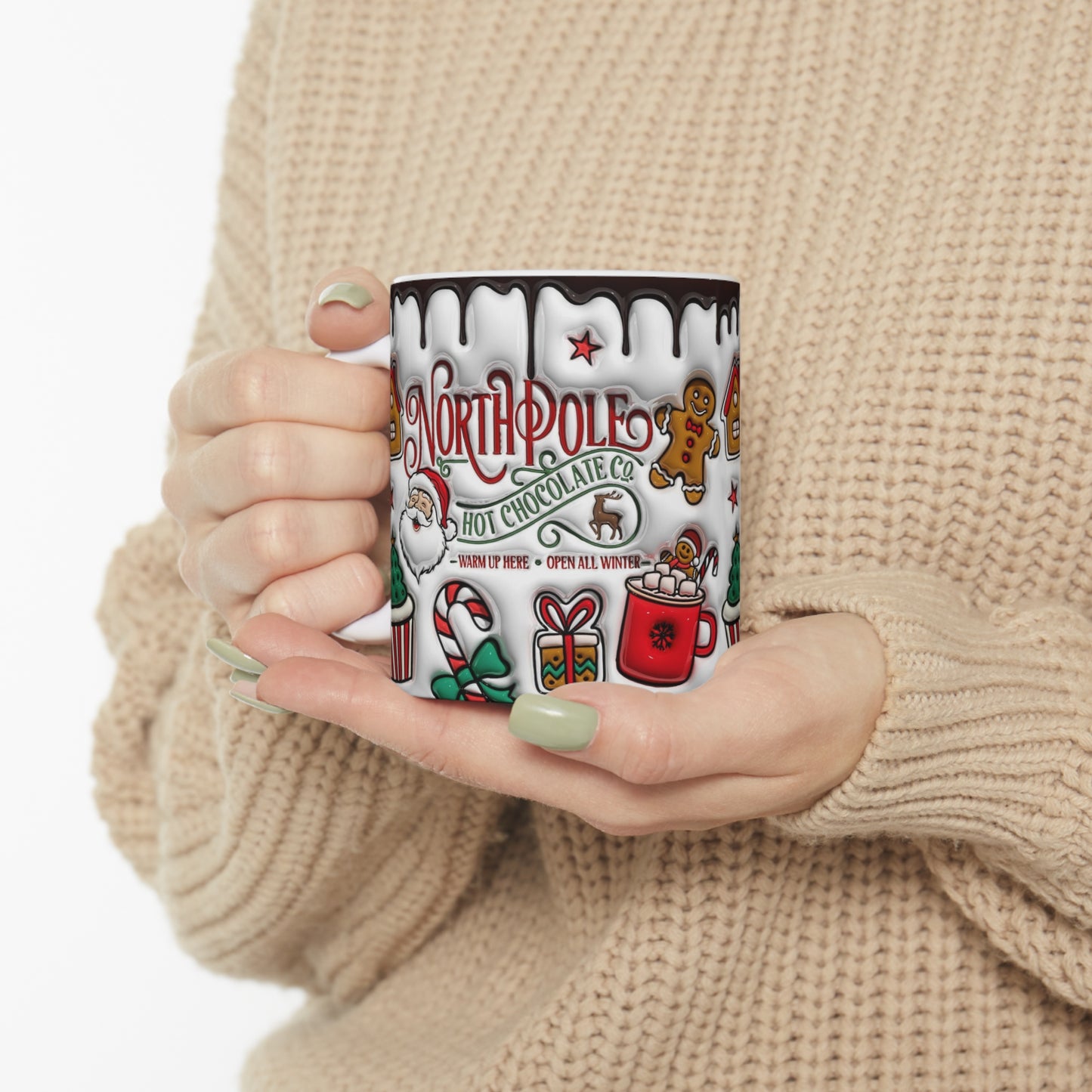 Christmas mug with North Pole Hot Chocolate Co. design, Santa, gingerbread, cocoa and candy canes