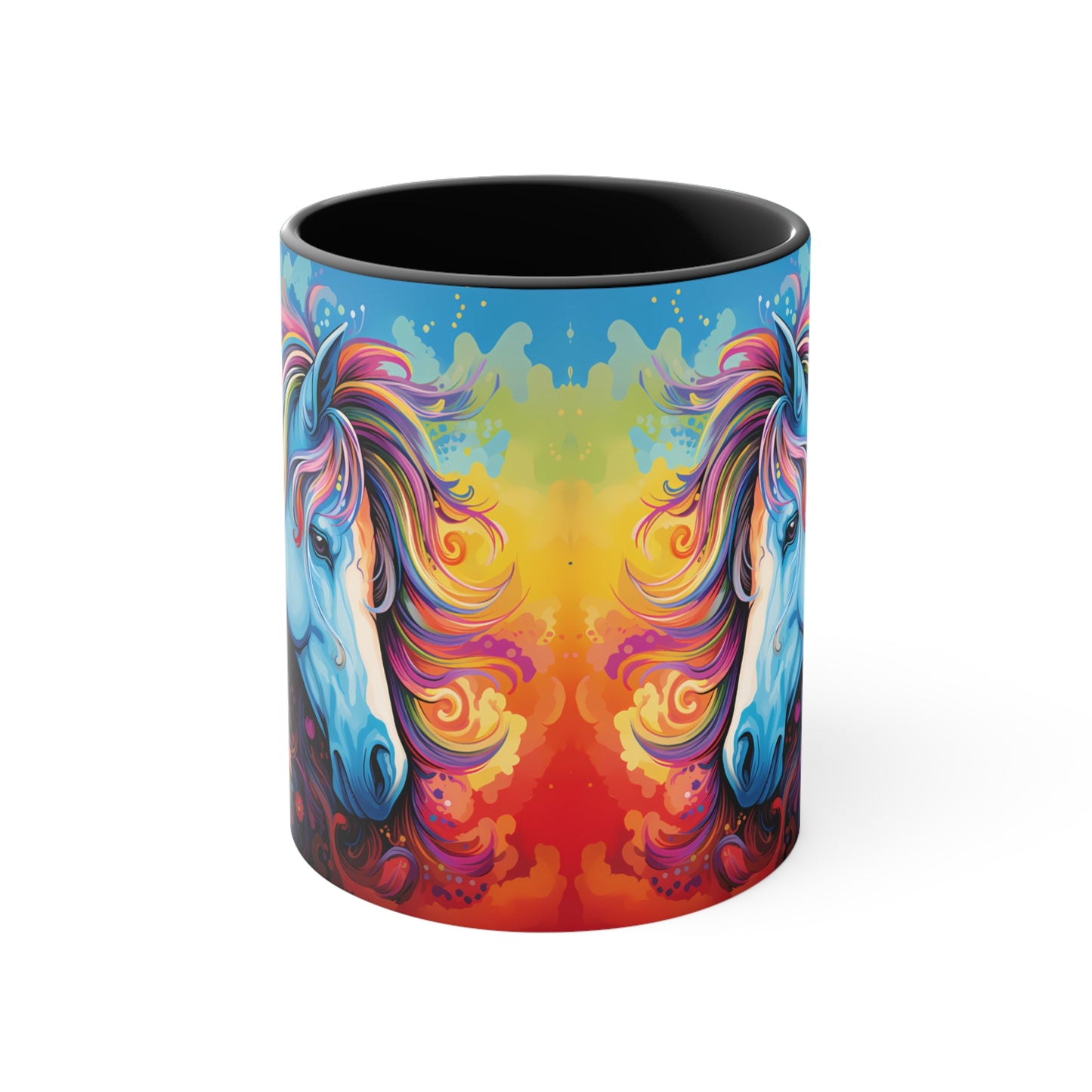 Bright ceramic mug featuring a blue horse with a multicolored rainbow mane, surrounded by flowers. Available in various accent colors. 11oz.
