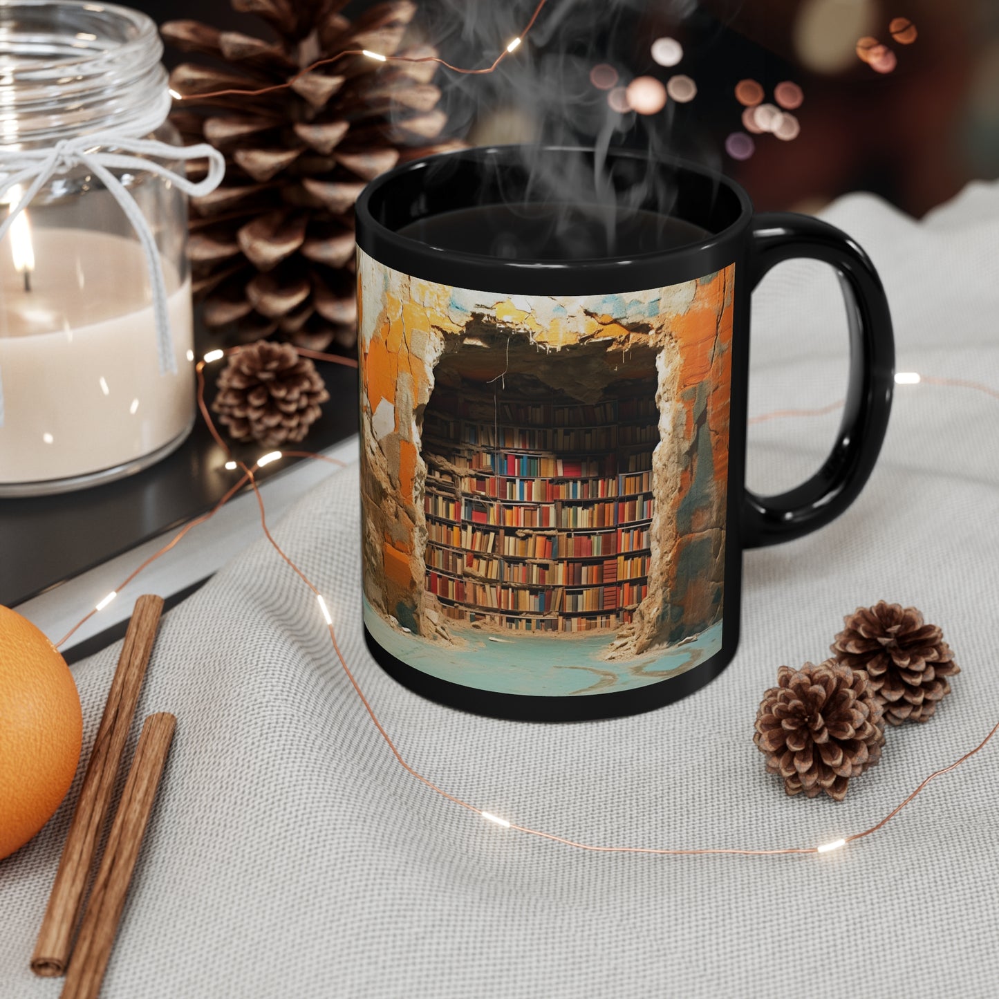 BOOKSHELF CAVE MUG - 3D LIBRARY BEHIND CRACKED WALL | MUGSCITY 23