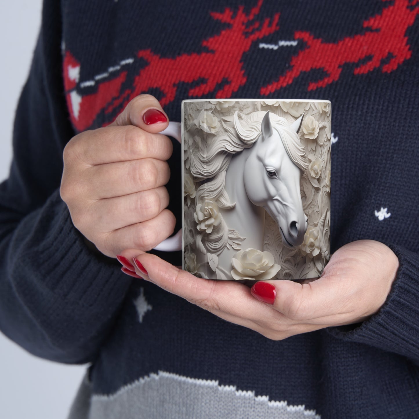 Elegant white ceramic mug featuring a majestic white horse surrounded by delicate white flowers. 11oz, microwave and dishwasher safe.